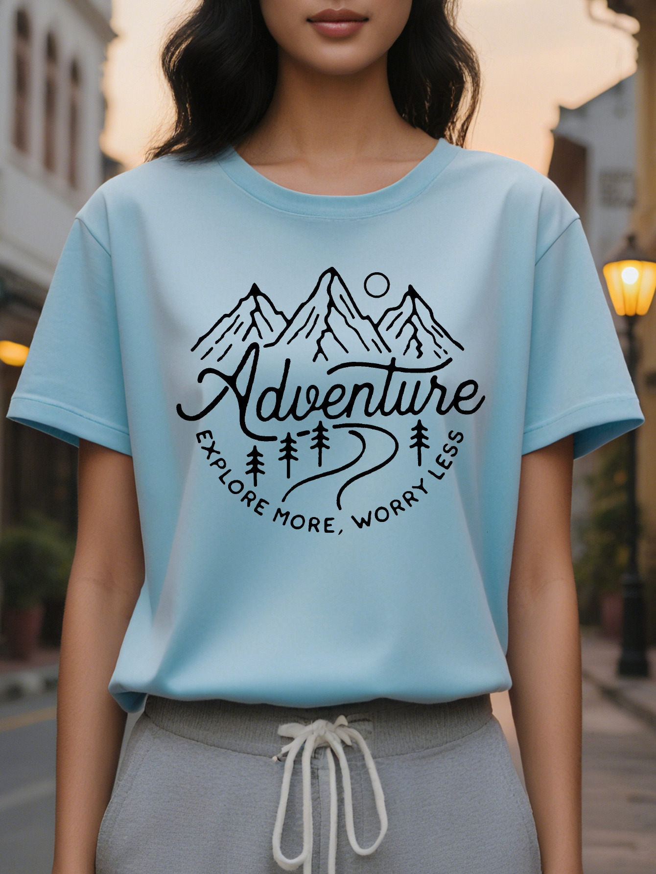 Large XL Women S Adventure Themed Explore More Worry Less Mountain Design Casual Round Neck T-Shirt Soft Cotton Plus Size