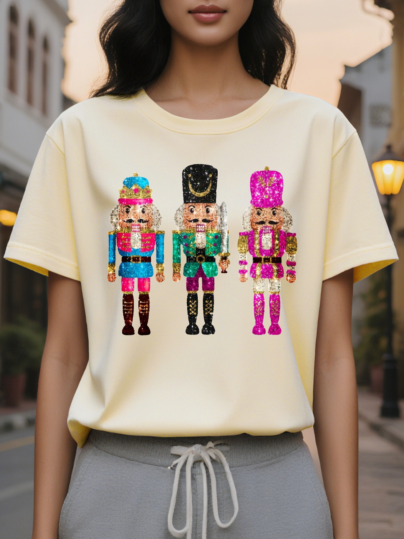 Large XL All Seasons Cotton Knit Fabric Women's Casual Cartoon Nutcracker Printed Round Neck T-Shirt Plus Size