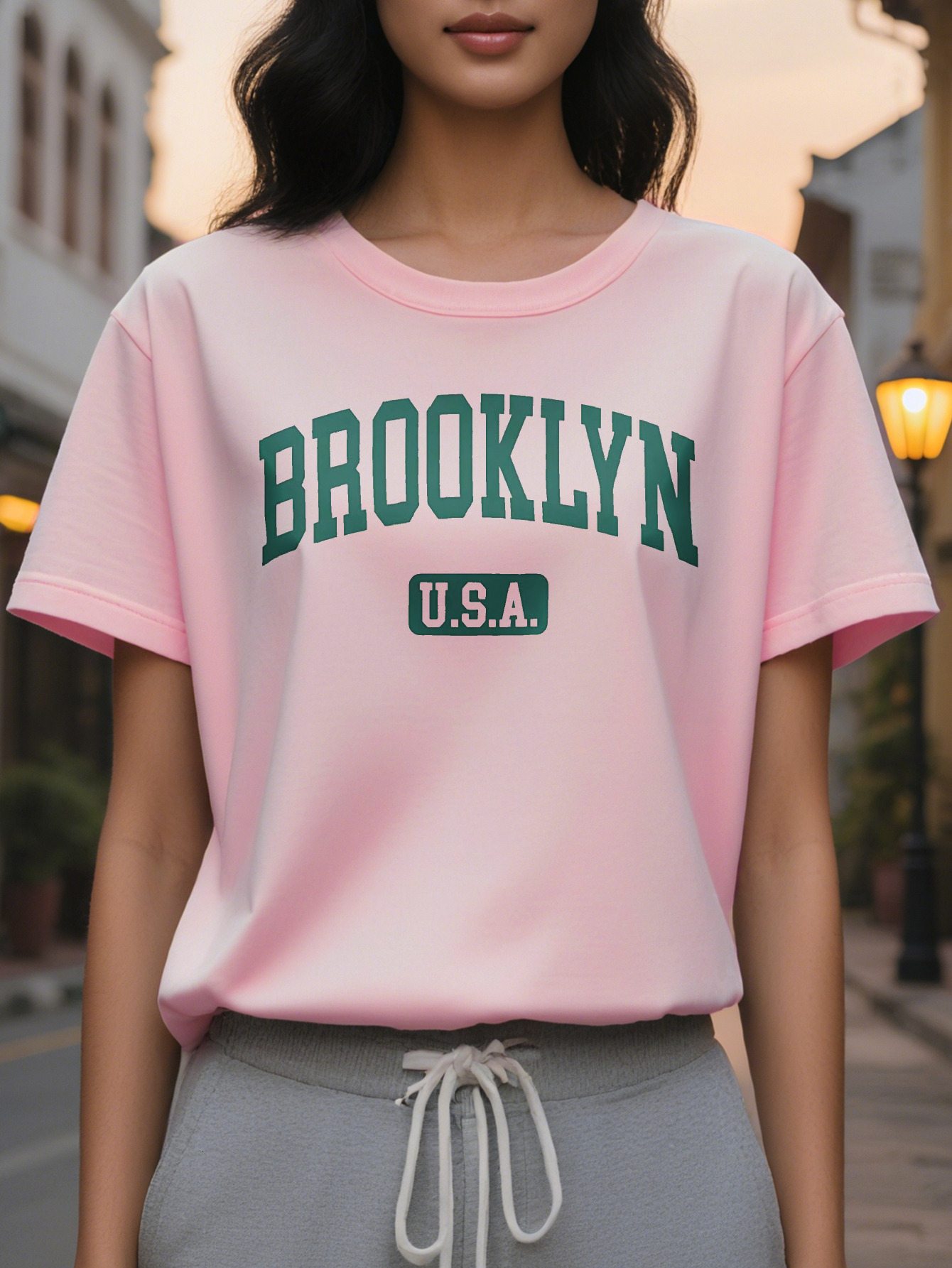 American print T-shirt, short sleeve, round neck, casual top for summer and spring, women's clothing