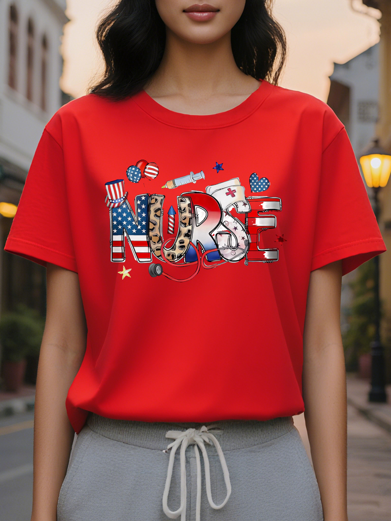 Women's Nurse Pattern Short Sleeve T-Shirt Star Stripe Theme Letter Print Elastic Round Neck Casual Top Spring and
