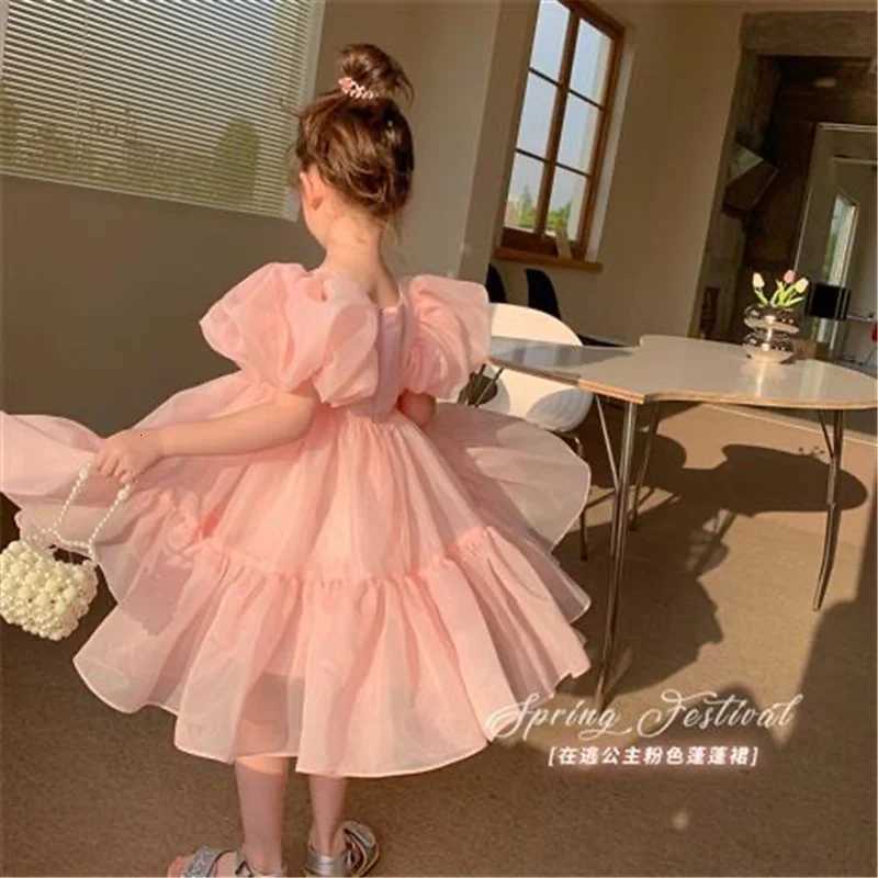 Girls Princess Tulle Dress Kids Puff Sleeve Mesh Dress Children Birthday Party Ball Gown Dresses 2024 New Summer Elegant Clothes Z250904