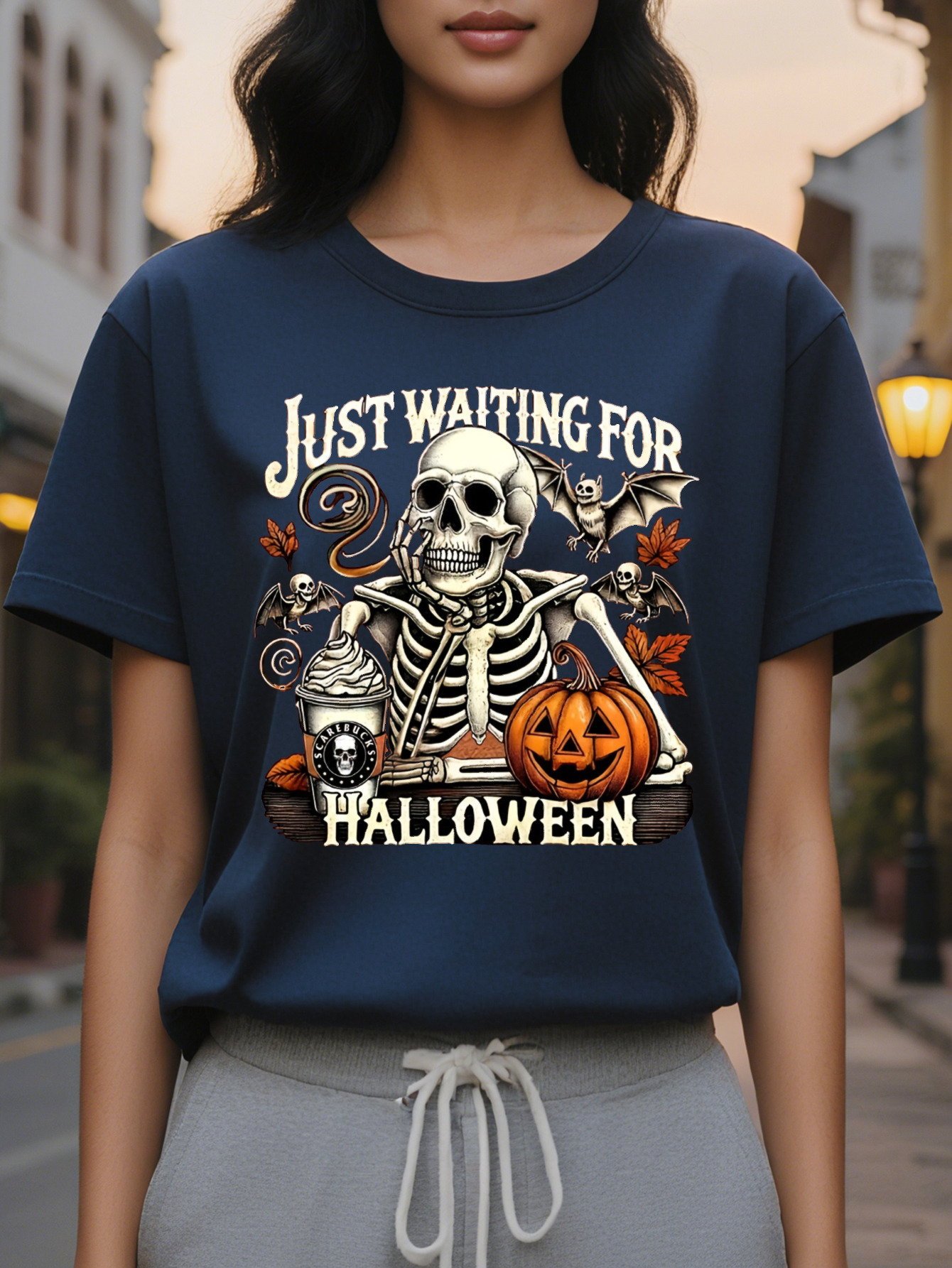 Women's Graphic T-Shirt Spooky Skeleton Jack O Lantern Print with Just Waiting Halloween Slogan Round Neck Short