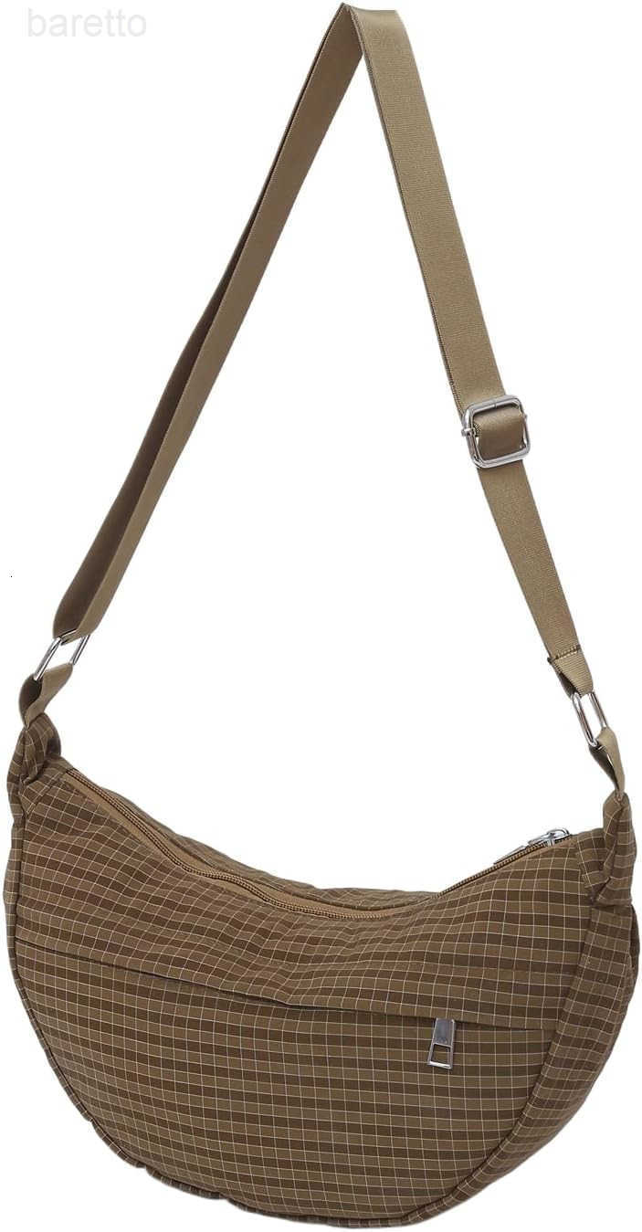 Checkered Nylon Crescent Bag for WomenMoon Bag with Metal Zipper and Card Slots M250903