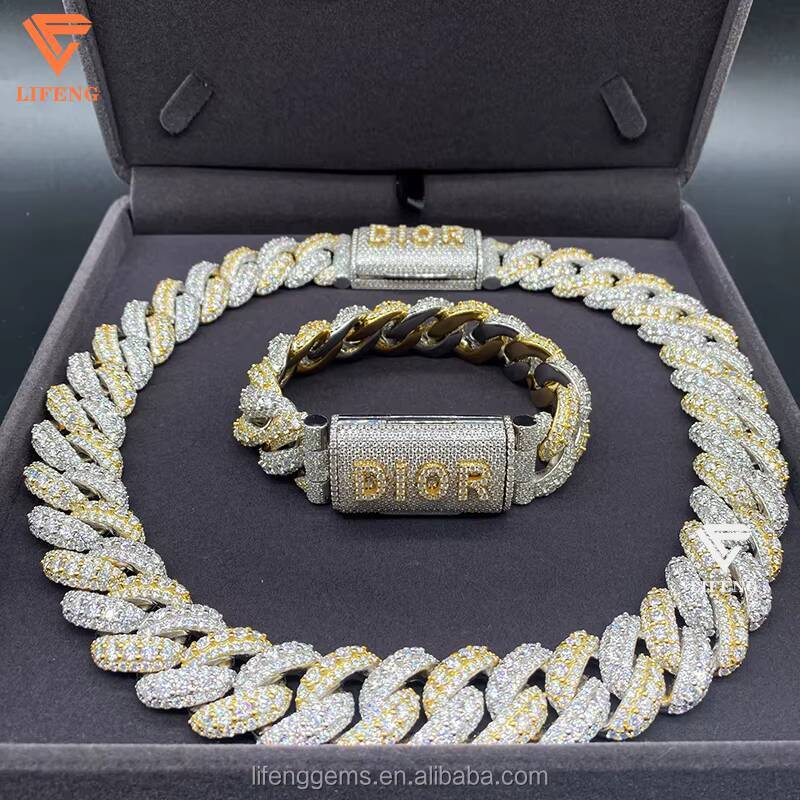 S925 20MM Iced VVS Moissanite Fashion Jewelry Hiphop Cuban Chain Custom Clasp Necklace with Custom Name Letter Two Tone Plated
