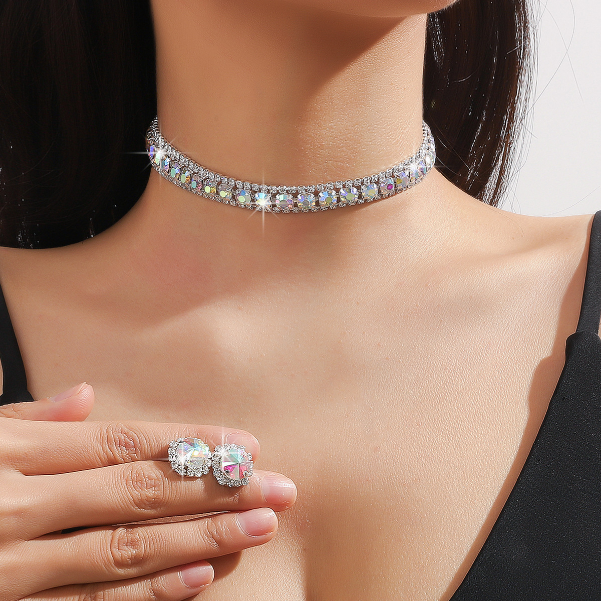 Luxury Necklace Earrings Sets Green Crystal Necklace Women Weddings Bride Jewelry Accessories Pop green blue diamond necklace earring 2 piece set Desi