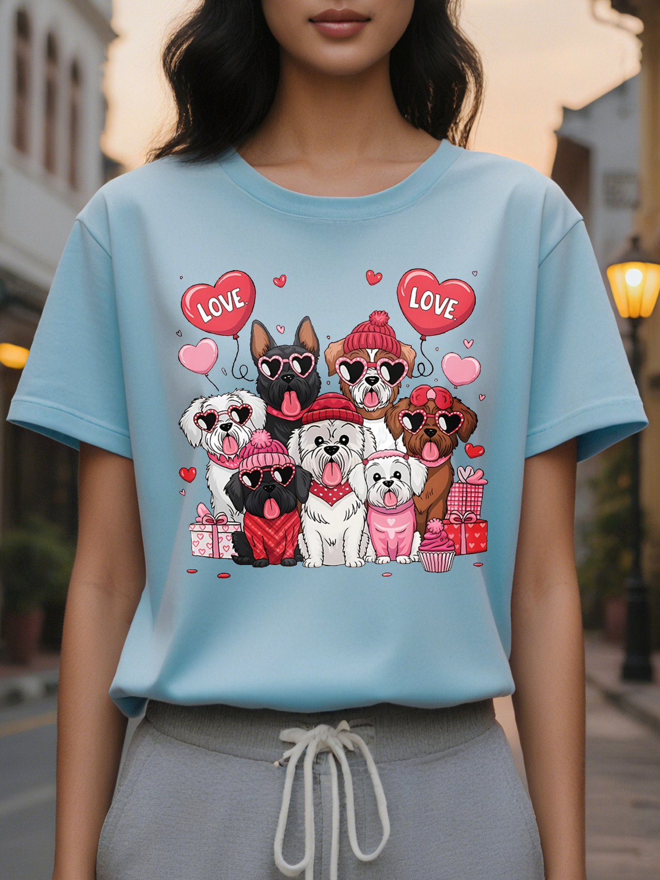 Love Puppy Graphic Print T-shirt Casual Short Sleeve Crew Neck Top for Spring Summer Women's Clothing