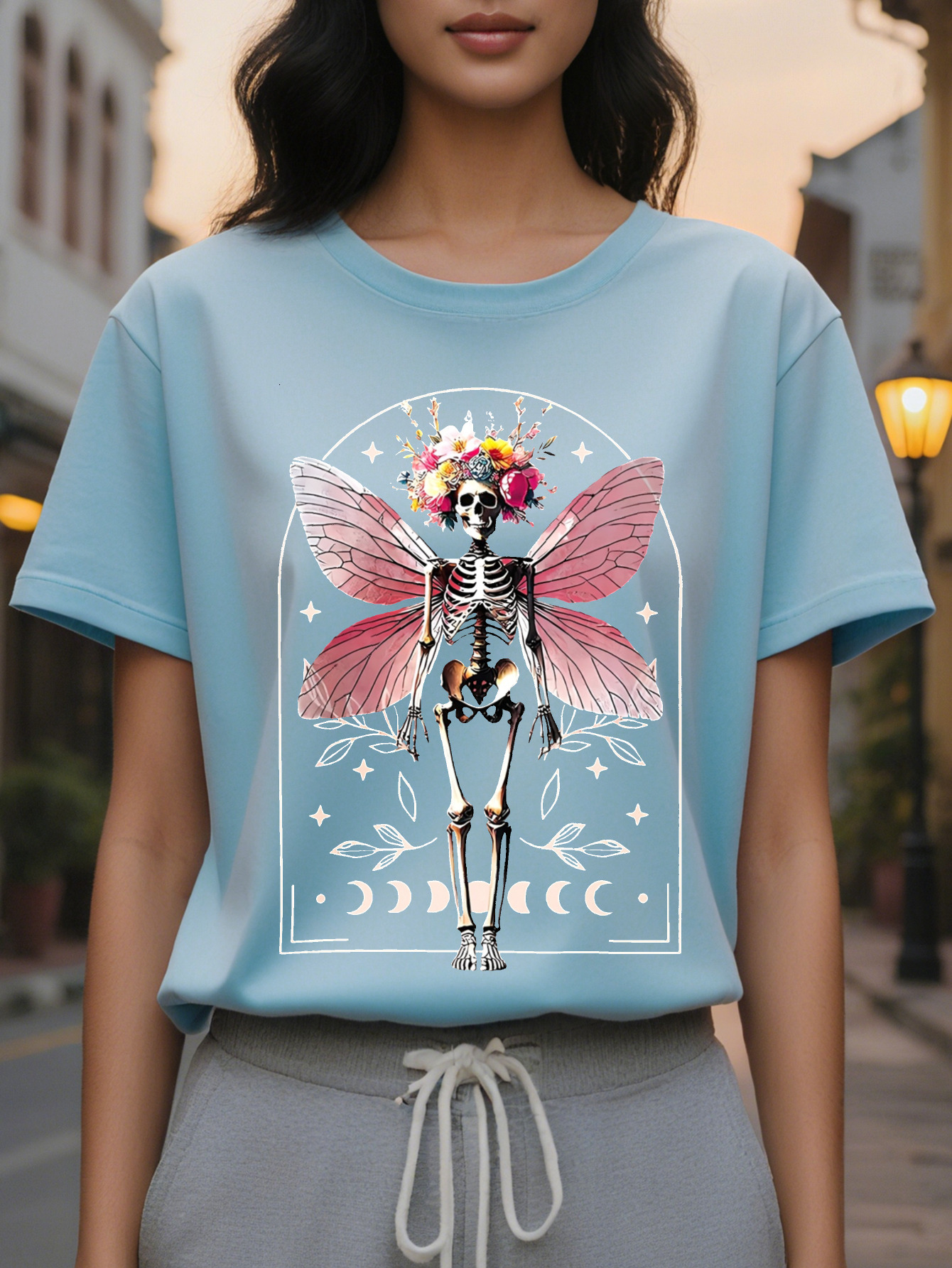 Large XL Women's Dark Gothic Floral Skeleton Graphic Tee Soft Round Neck T-Shirt for Everyday Halloween Outfits Washable Plus Size