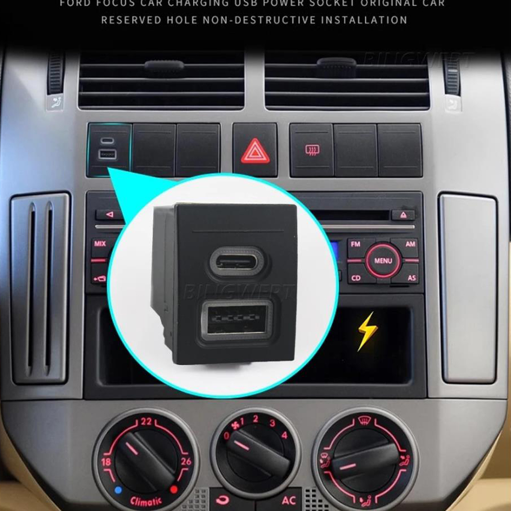 1Pcs For VW Volkswagen Polo 9n polo 9n3 2004-2011 Car Phone Charger Socket Double QC3.0 Type C PD USB Charging Power Adapter