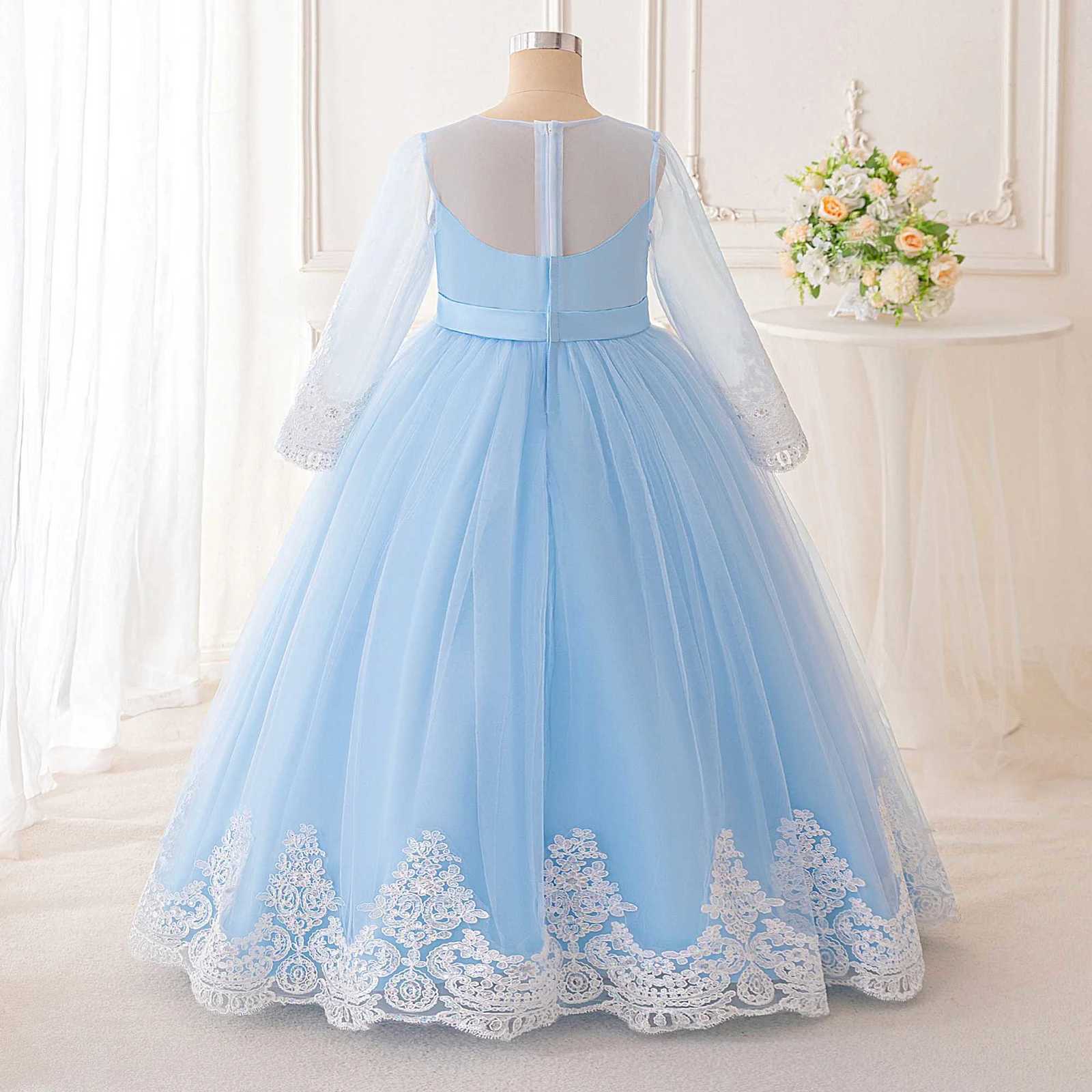 Sky Blue Princess Dress Long Sleeve Lace Embroidery Design High-End Elegant Dress Pastoral Style Girl Dress Z250904