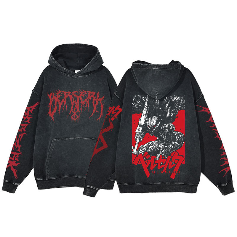 American Vintage Washed Hoodie for Men and Women Hip-Hop Sword Art Online Dark-Themed Print Hoodie Distressed Hooded Sweatshirt - CJ7910