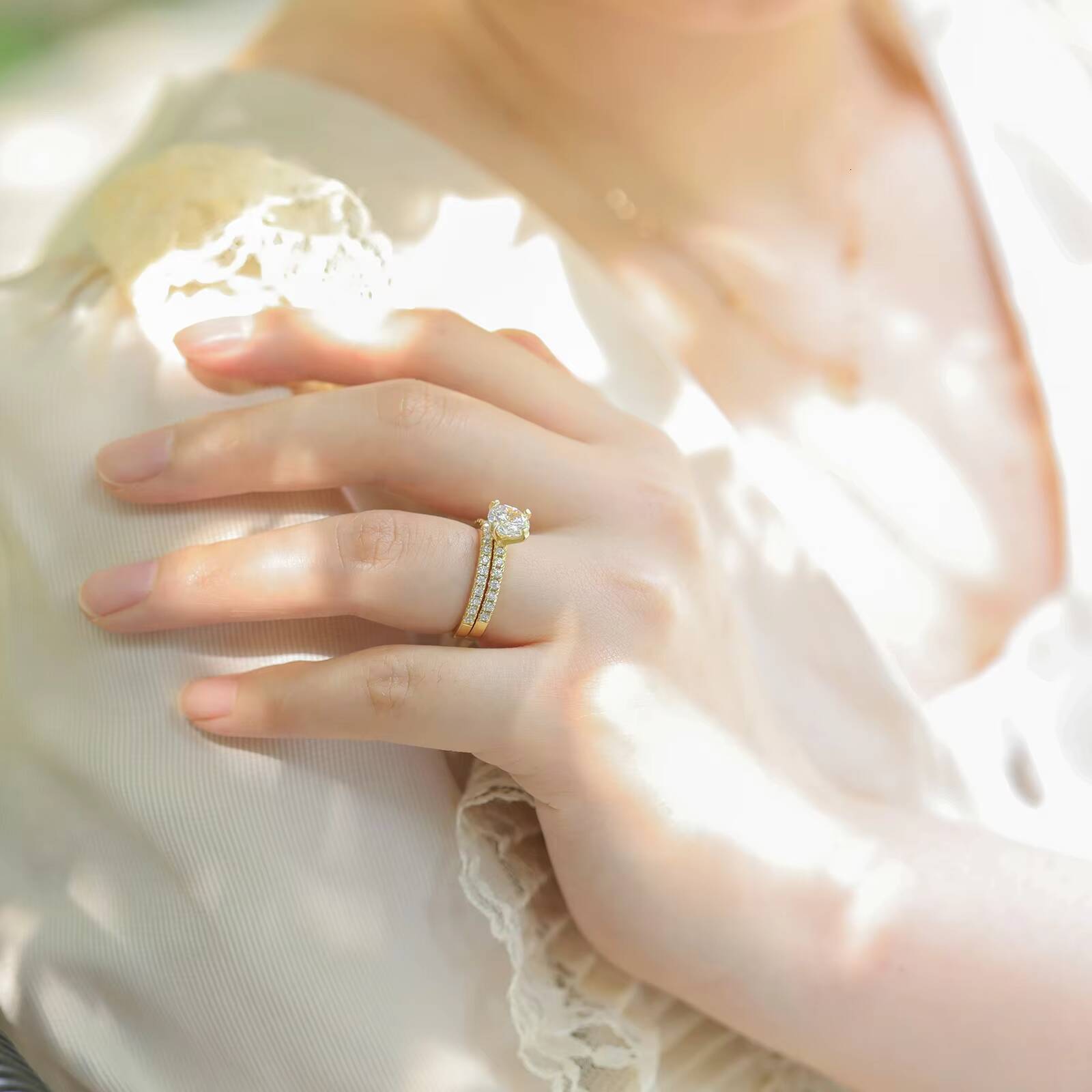 OAHLAN 14K Gold Plated 125CT 925 Sterling Silver Bridal Ring Sets Women Round Moissanite Promise Rings Engagement Wedding Bands