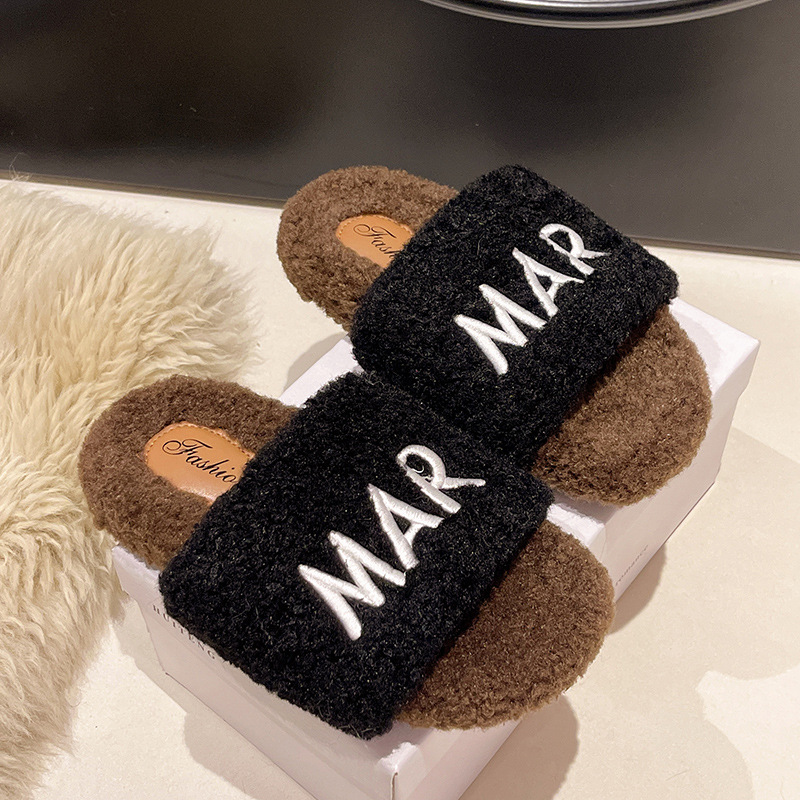 Women's fluffy slippers suitable for outdoor wear flat sole ins trendy shoes autumn and winter 2025 thick-soled cotton slippers spring and summer