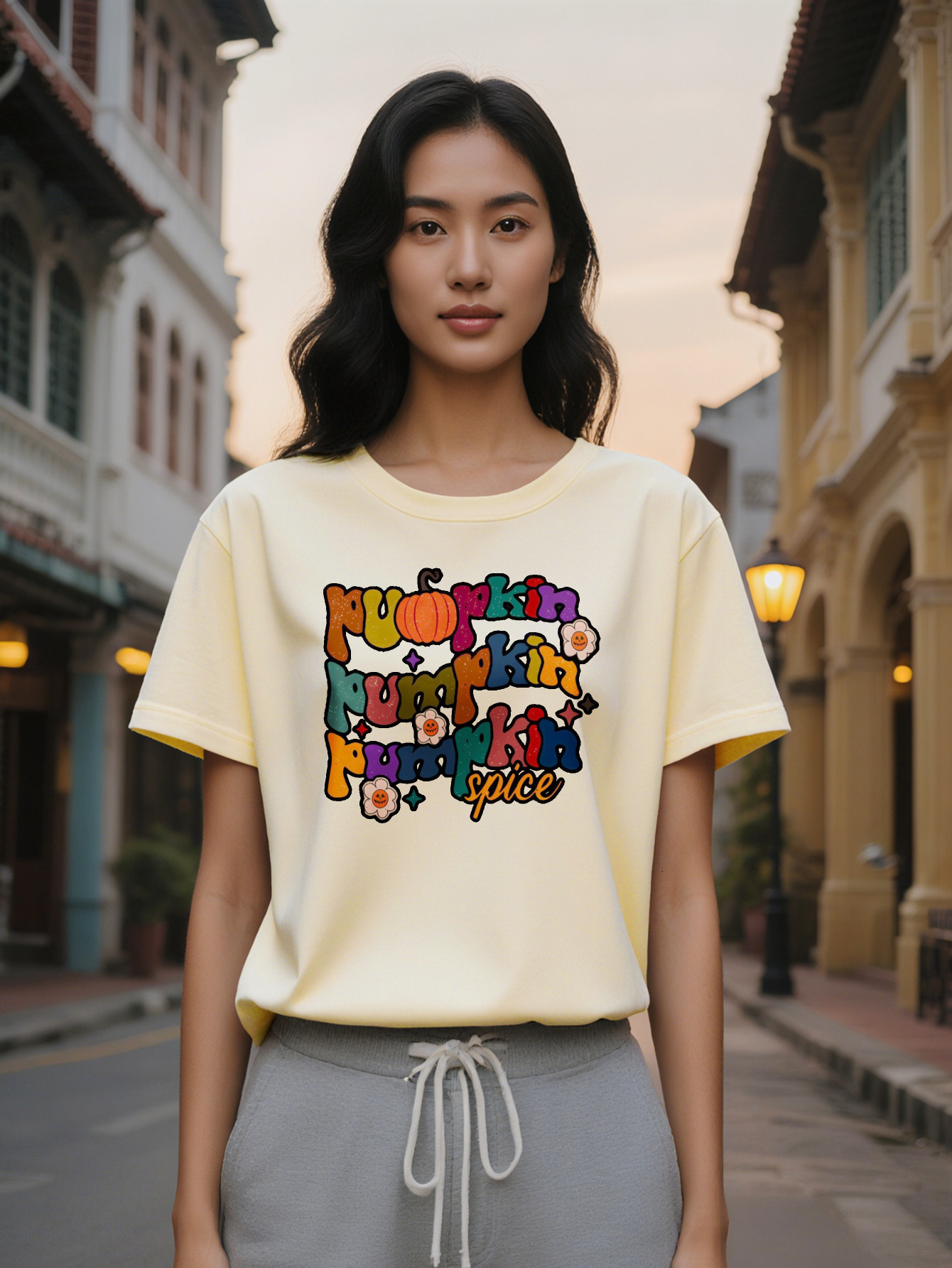 Large XL Crew Neck T-Shirt Pumpkin Spice Print Black with Colorful Design Perfect Gift for Summer Casual Wear Women Plus Size