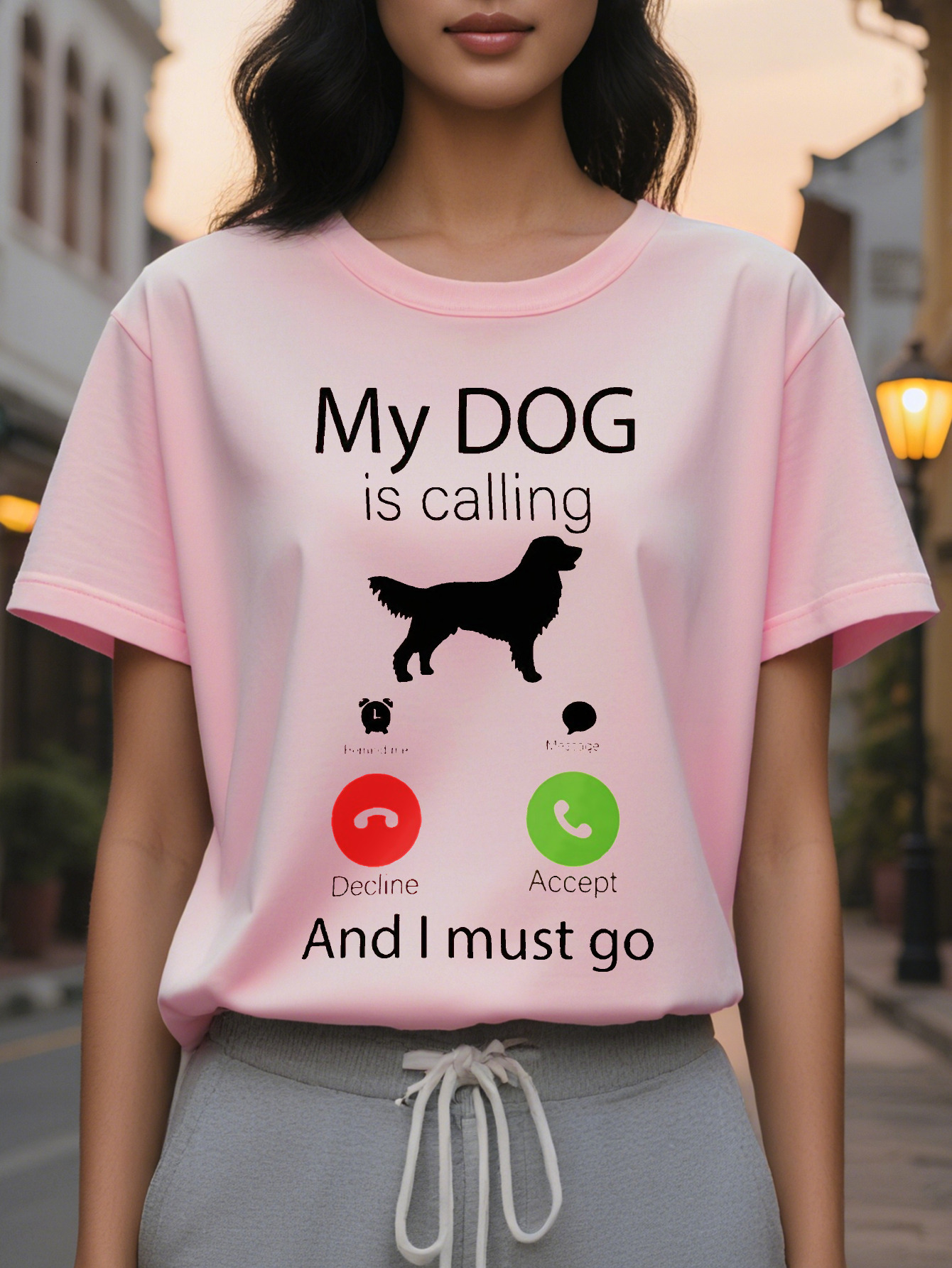 Large XL PC Women S Casual Crew Neck T-Shirt with My Dog Is Calling Print Cotton Rayon Blend Regular Length All Season Knit Plus Size