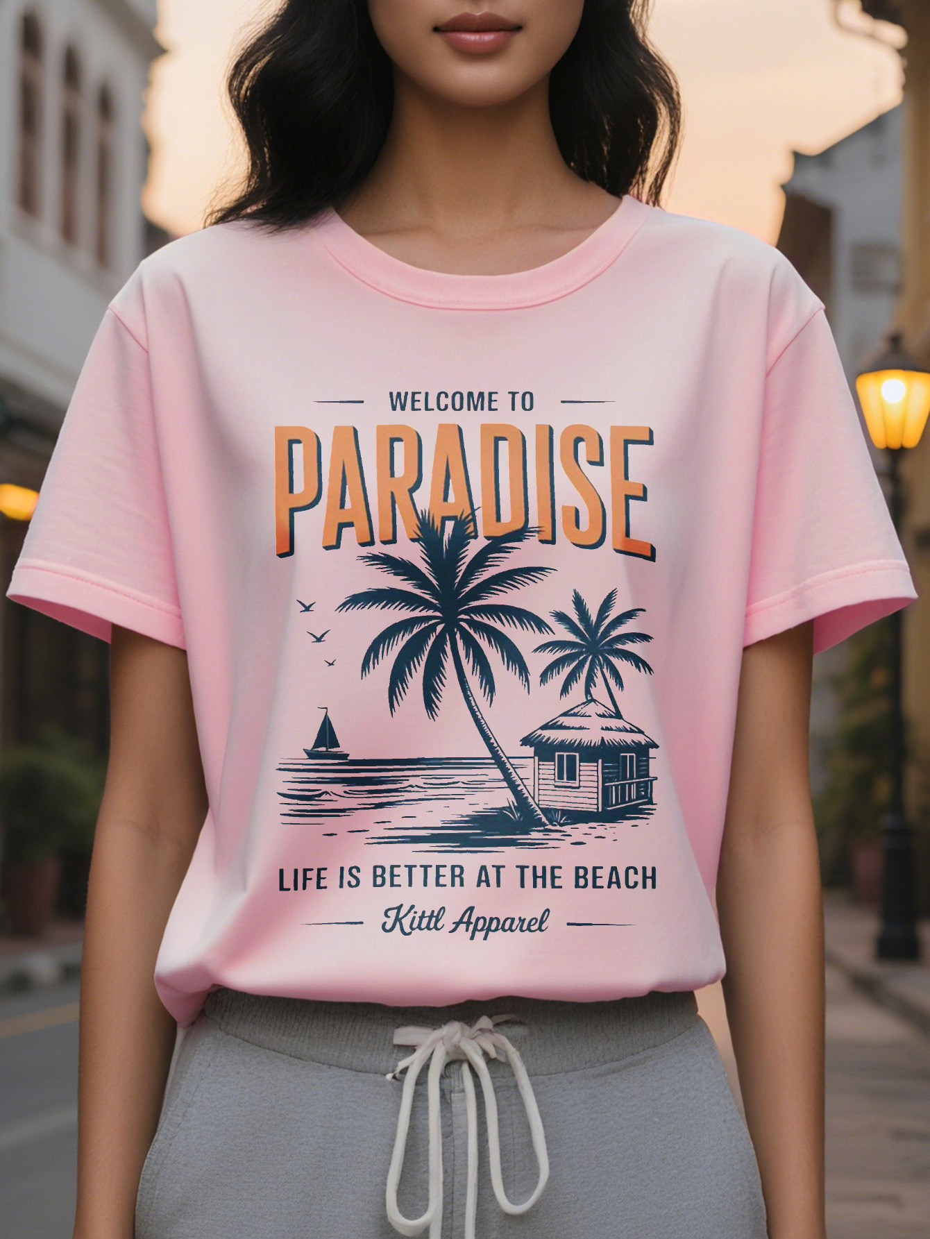 Women's Welcome to Paradise Patterned T-shirt Elegant Summer with Palm Trees and Sea Views Casual Round Neck Short