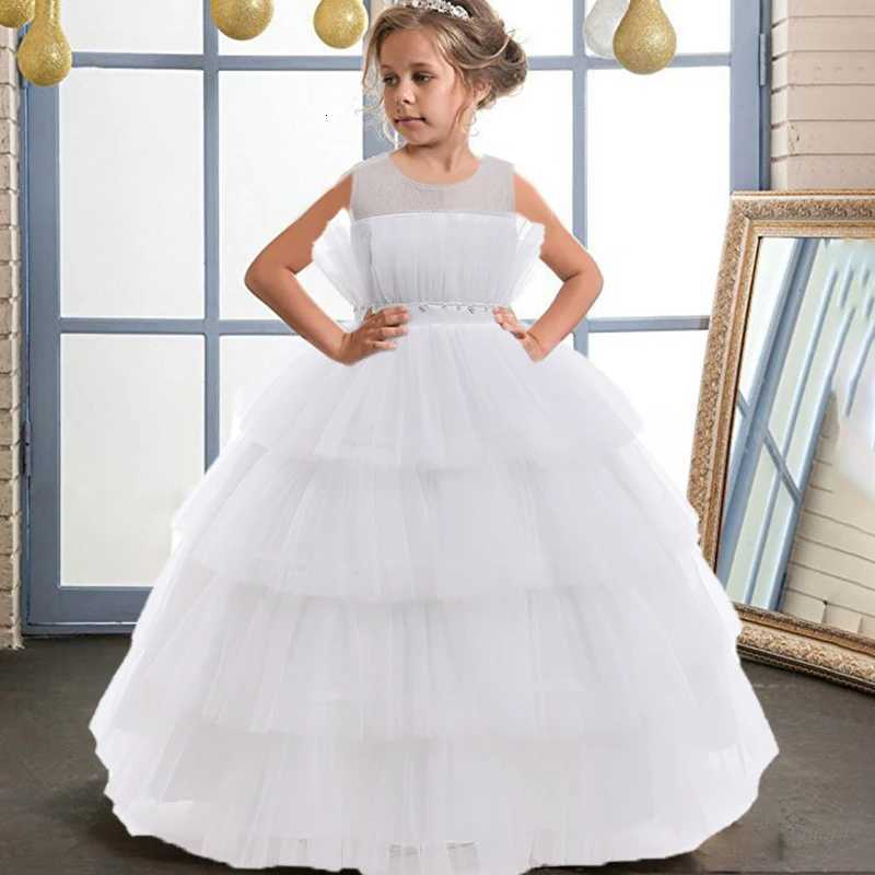 3-12 Years Elegant Wedding Party Girl Dresses Children Beading Bow Bridesmaid White Lace Princess Dress for Kids Birthday Prom Gown Z250904