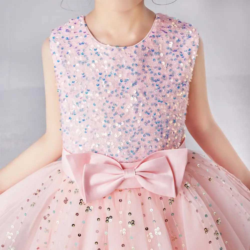 Girls Sleeveless Long Sequin Bow Mesh Princess Dress Piano Competition School Graduation Ceremony Fashionable Evening Gown Z250904