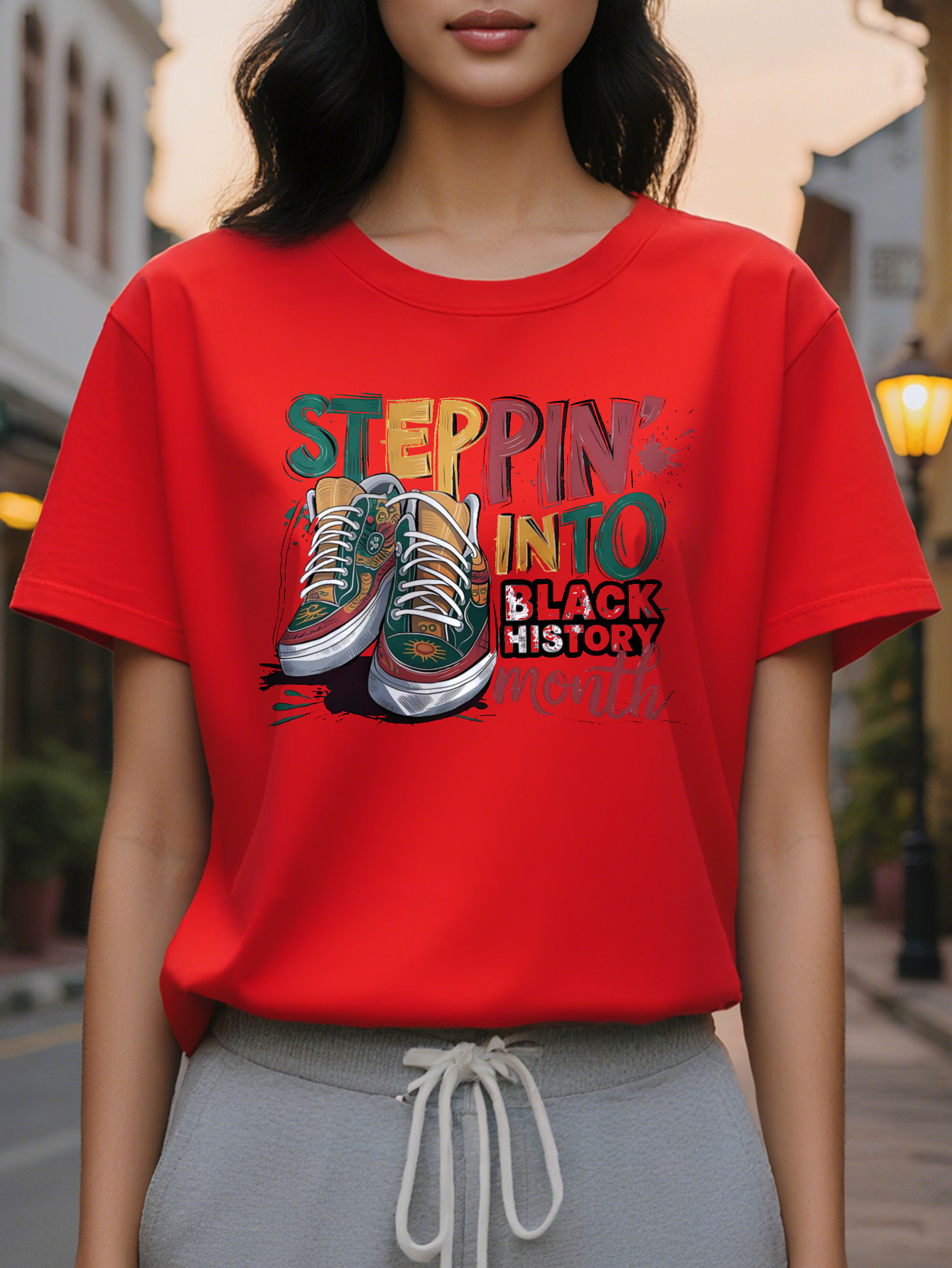 Ladies elegant round neck black history month pattern T-shirt, knitted fabric, short sleeve, casual top suitable for