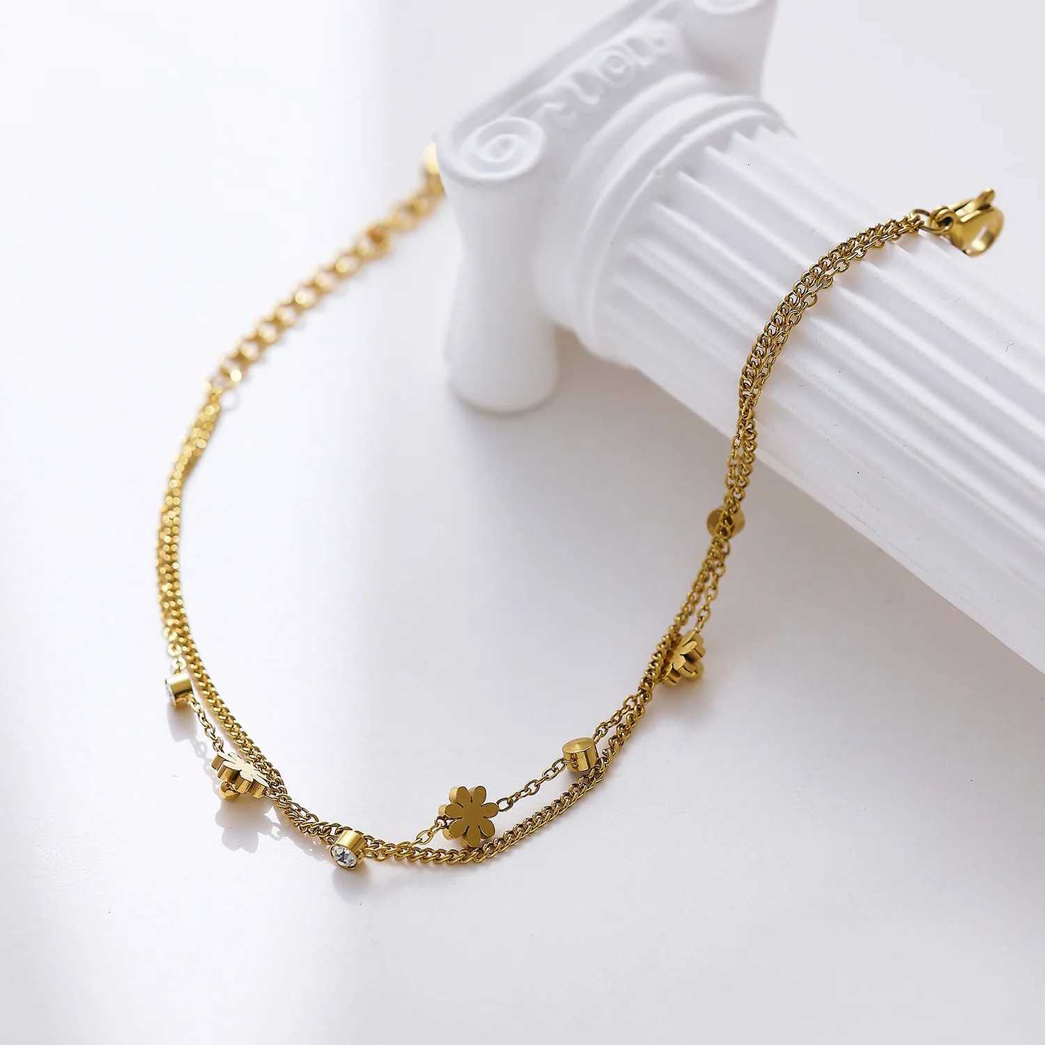 316L Stainless Steel New Fashion Fine Jewelry 2 Layer Inlaid Zircon Daisy Charm Chain Bracelets Bangles For Women Y250904