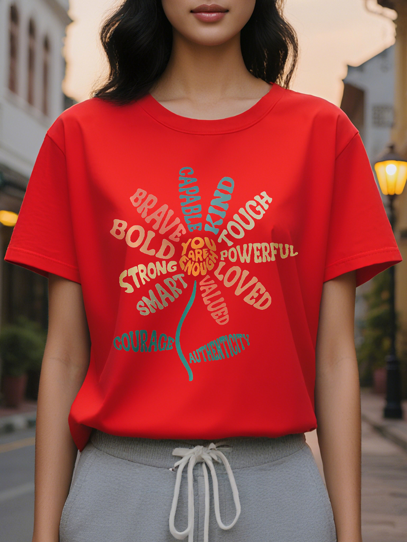 Women's Motivational Letter Printed T-Shirt Round Neck Short Sleeve Elastic Cotton Suitable for Spring