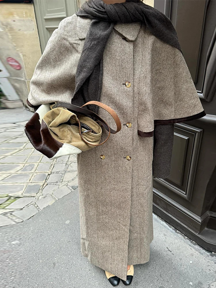 Vintage CapeOverlay Maxi Wool Blend Coat Long Trench Outerwear For Women Elegant Loose Fit Autumn High Street Fashion Outfit 250904