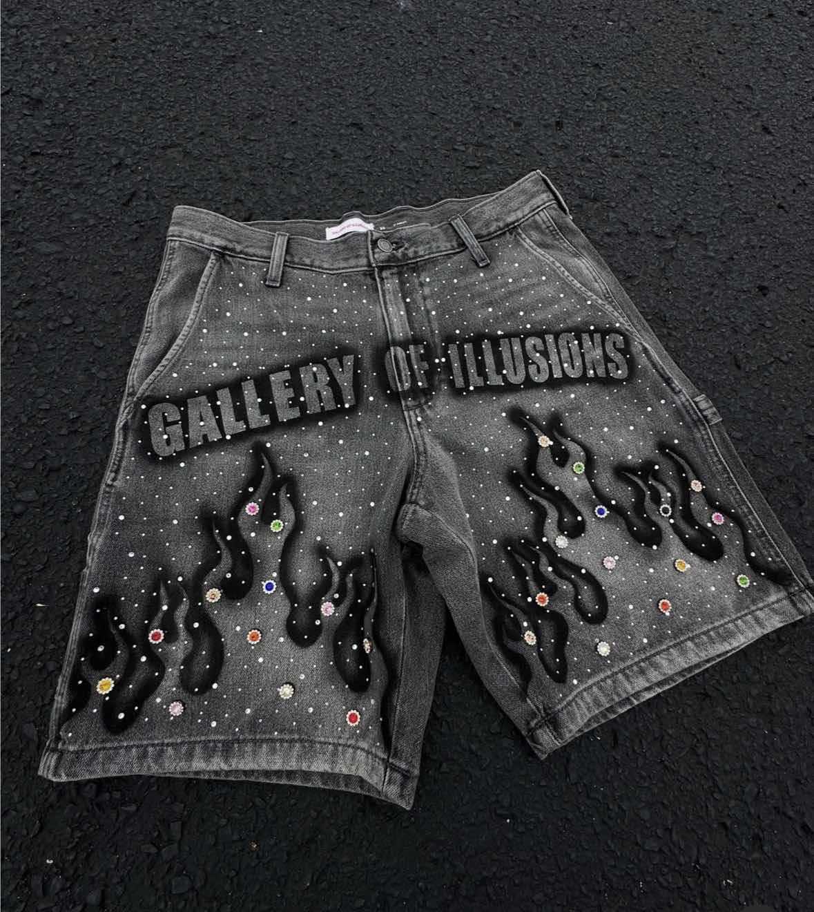 Men's Shorts Tassel Flame Print Pattern Rhinestone Butterfly Decoration Loose Denim Retro American Street Men Women Fashion Jeans
