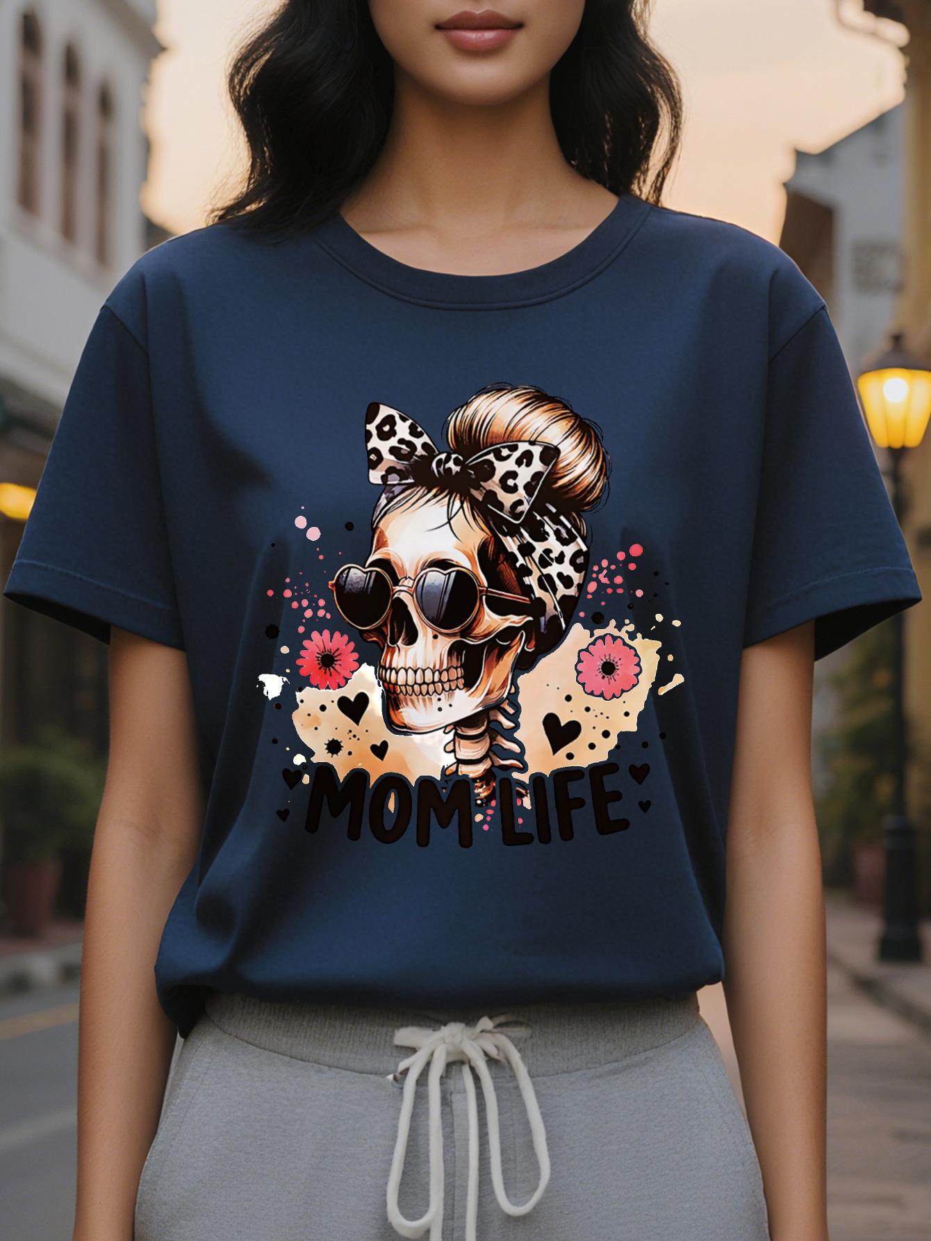 Women's Halloween T-shirt Fashion Glasses Skull Leopard Bow Flower Printing MOM LIFE Text Casual Short Sleeve Crew