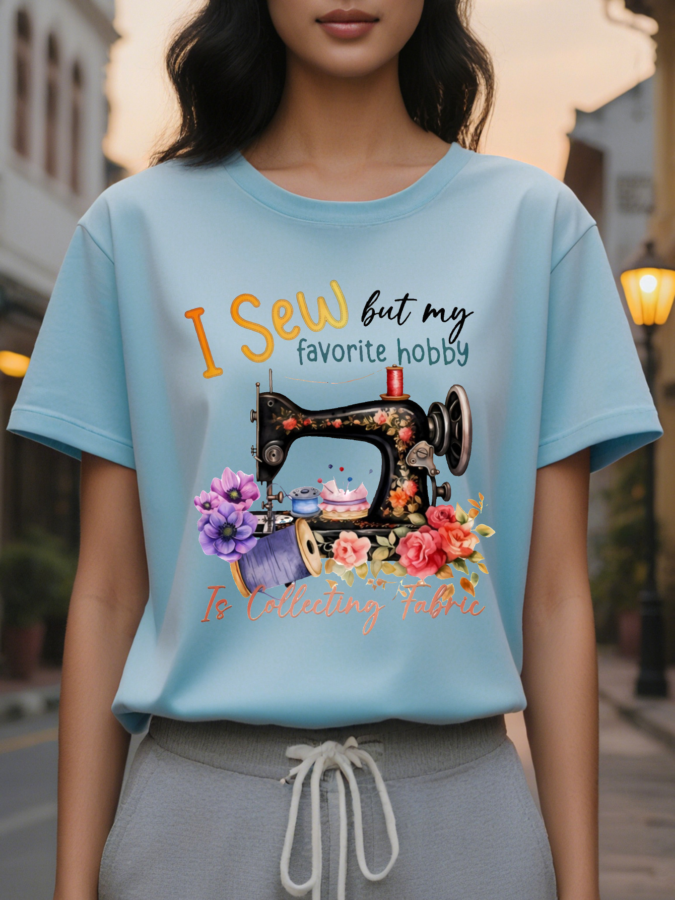 Women's Sewed But I Love Collecting Cloth Vintage Sewing and Floral T-Shirt Summer Spring Soft Stretch Round Neck