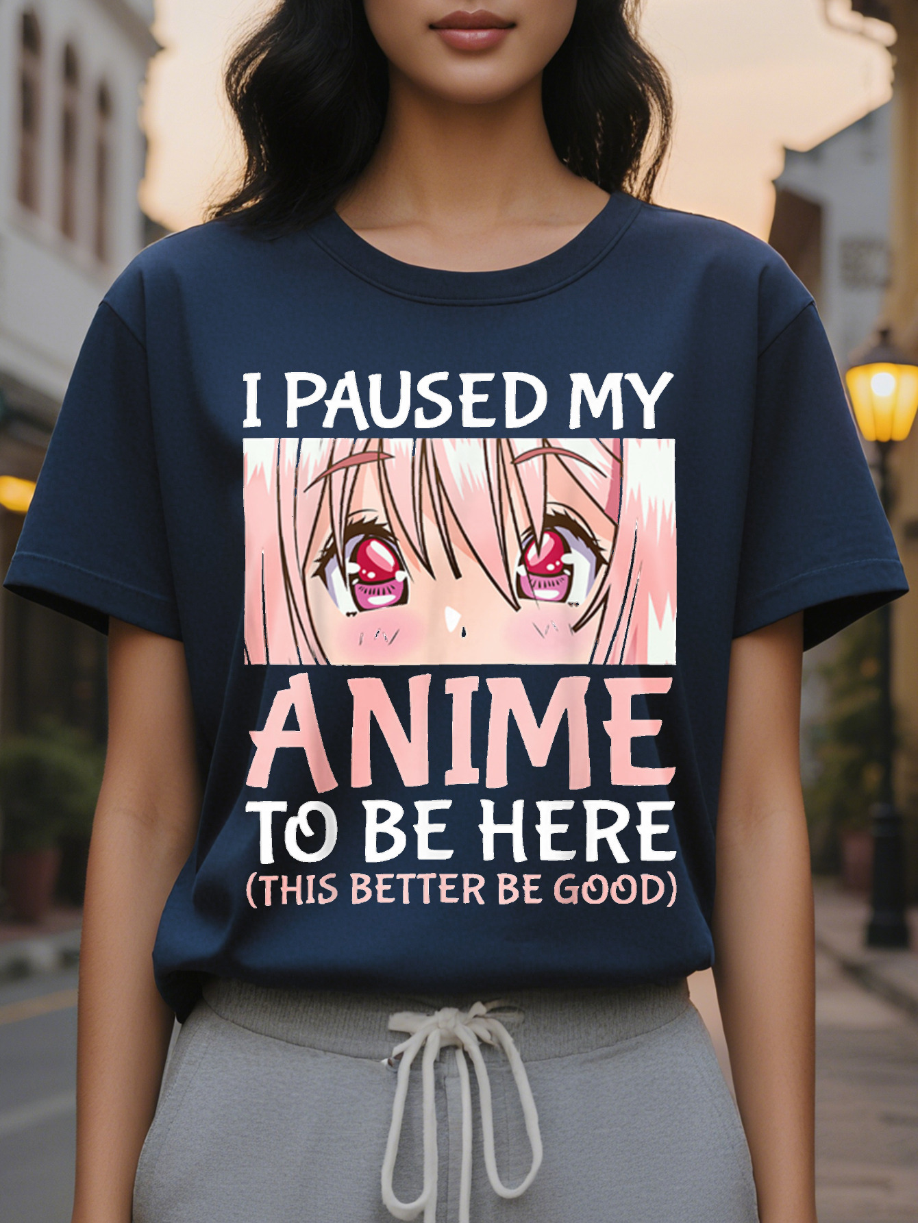 Large XL Women's I Paused My To Be Here Anime Graphic T Shirt Manga Character Face Pink Lettering Print Round Neck Short Plus Size