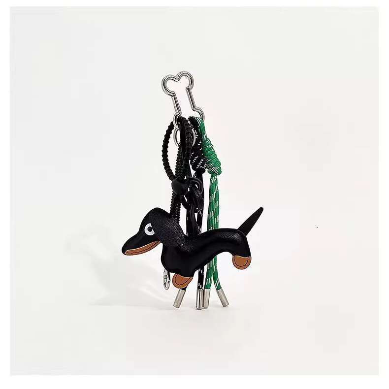 2025 Winter Original Leather Dachshund Dog Pendant Keychain Cute Knitted Lanyard Cartoon Animal Charm Gift for Her Black Brown