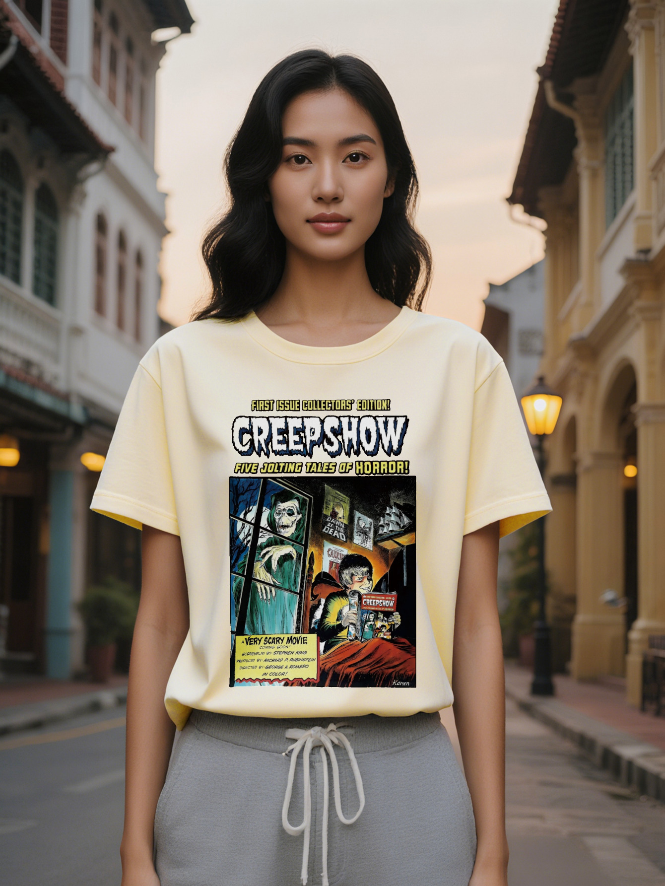 Large XL Lady Graphic T-Shirt Creepshow Five Jolting Tales Collection Casual Crew Neck Tee with Spooky Poster Design Perfect Plus Size