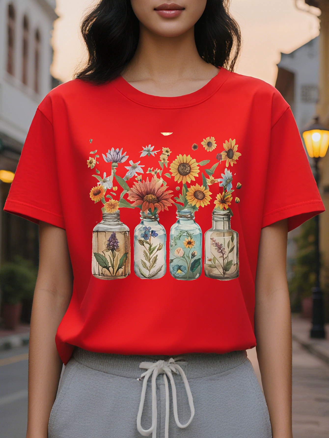 For Spring Summer Short Sleeve Floral Print Crew Neck T-Shirt Casual Women's Clothing