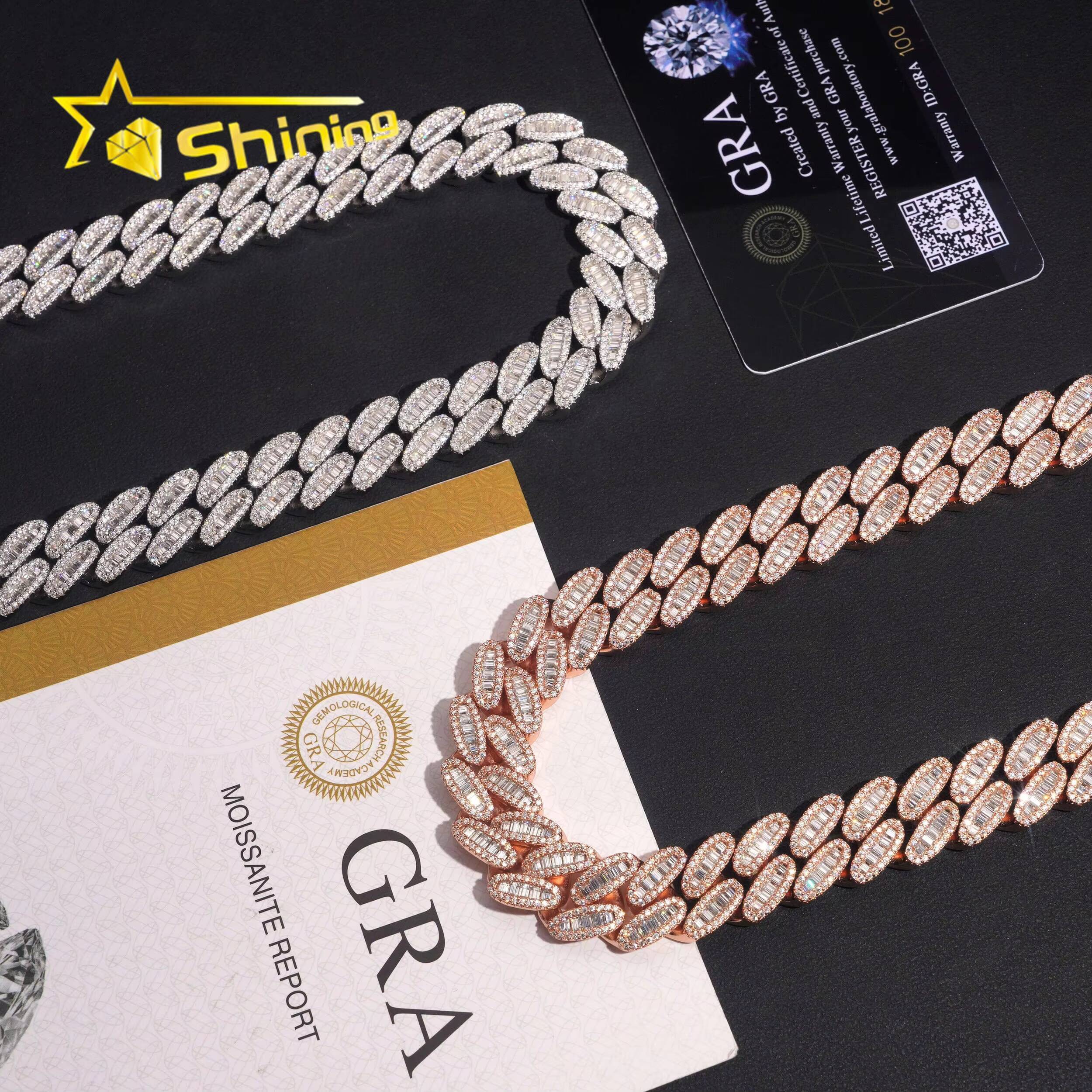 925 Sterling Silver Jewelry GRA Certificate 15mm Baguette Moissanite Hip Hop Cuban Link Chains Necklace