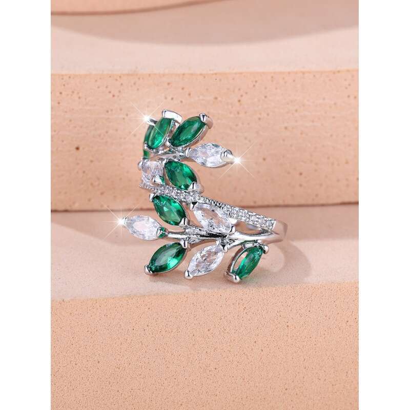 Boho Marquise Zircon Leaf Open Ring - Rose Gold Green Crystal Nature-Inspired Jewelry Fashion Versatile Adjustable Statement Ring for Women