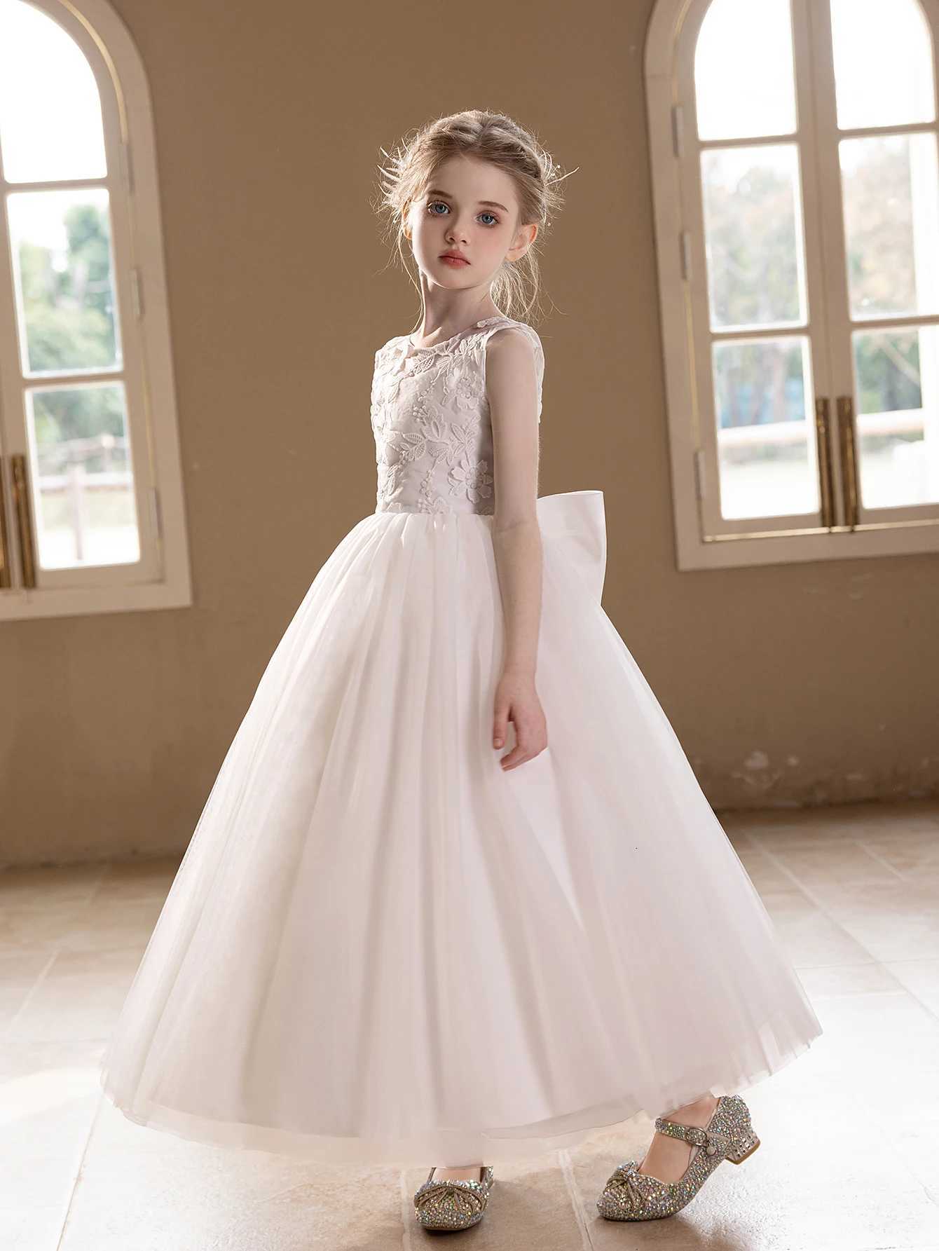 10 Girls White Wedding Gauze Dress Lace Embroidery Big Bow Evening Puffy Gauze Bridesmaid Dress Z250904