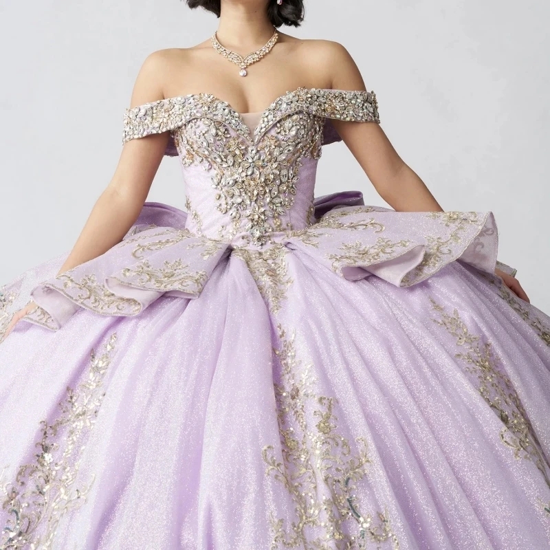 Lilac Shiny Quinceanera Dresses Ball Gown Off The Shoulder Gold Applique Lace Beading Crystal Tull Sweet 16 Dress Vestidos 15 De Anos