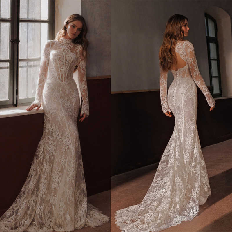 Detachable Train Shiny Lace Long Wedding Dress Modest High Collar Bridal Gown Customized Satin Backless Dresses For Bride