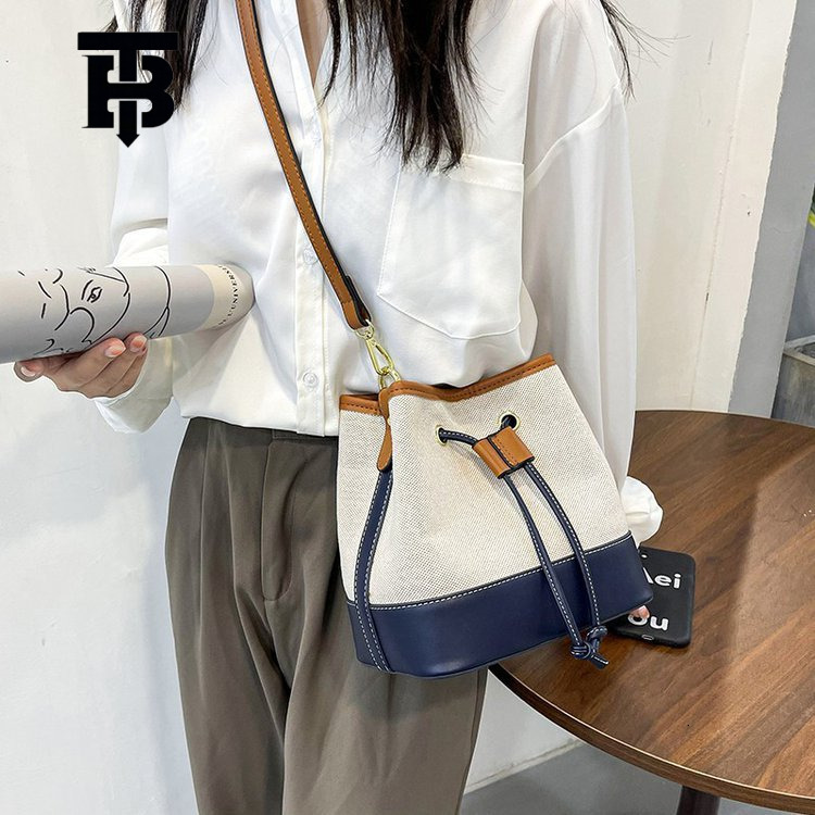 TB BHULAMTE Women's Bag Foreign Trade New Canvas Color-Block Handbag Bucket Bag Street Fashion Textured Drawstring Single Shoulder Designer s bag