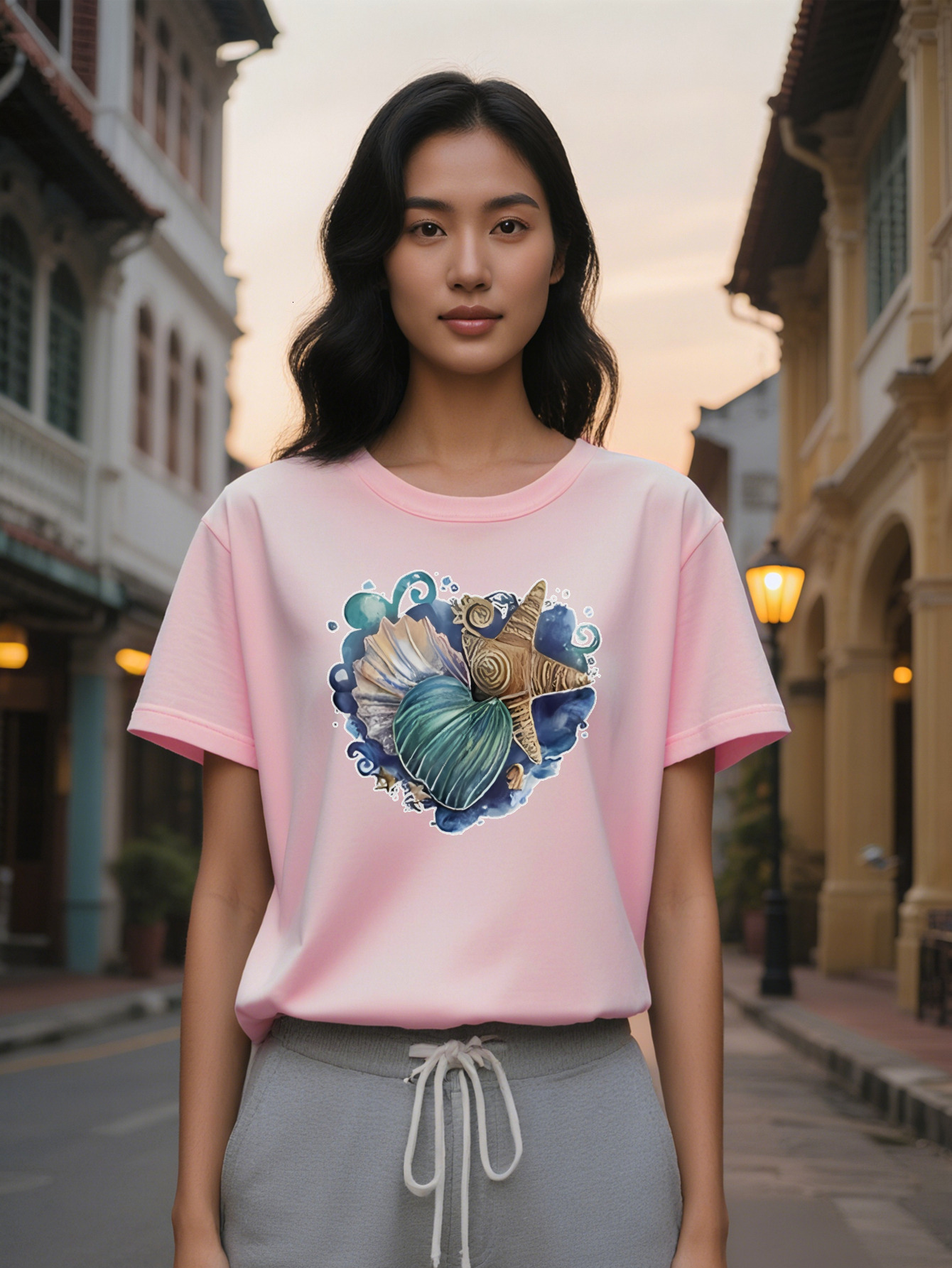 Casual Versatile Round Neck T-Shirt Green Shell and Golden Starfish Print Pattern Top Women's Gift