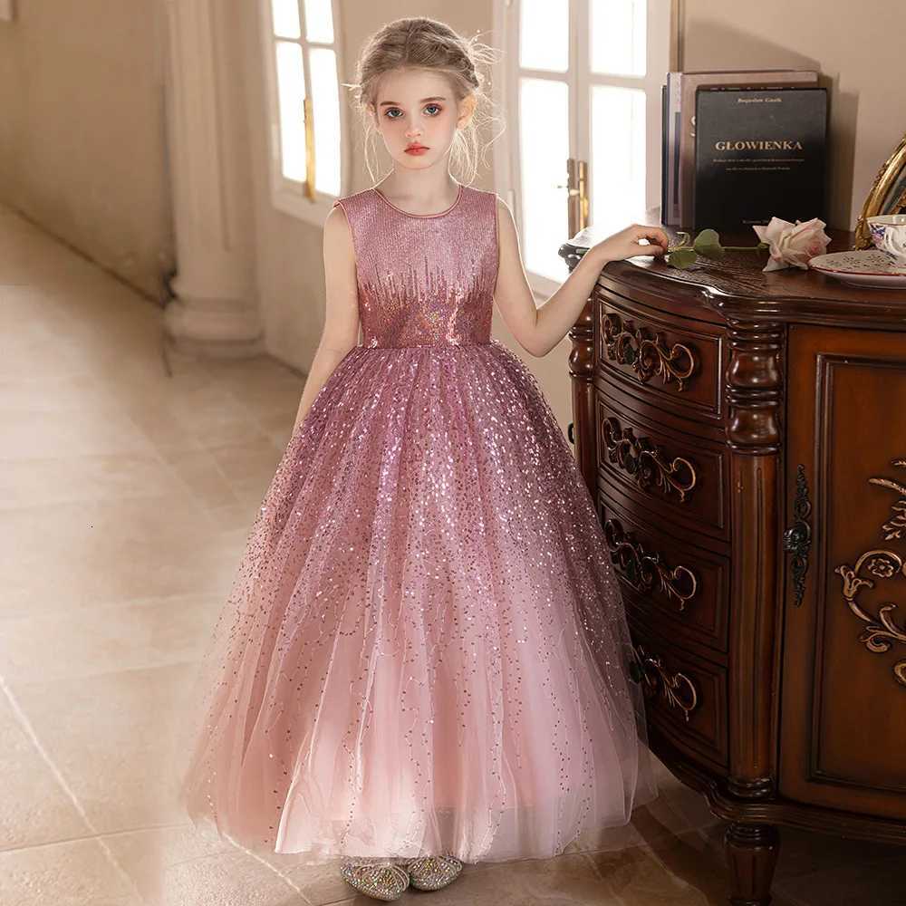 Girls Princess Dress Pink Sequins High-end Dress Wedding Puffy Gauze Dresses Kids Birthday Party Performance Evening Dress 5 11Y Z250904