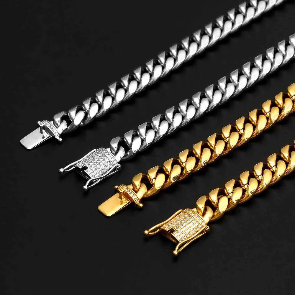 Hot Selling 12mm DiamondEncrusted Buckle Stainless Steel Necklace Bracelet with GoldPlated Cuban Link Chain Ground Encryption