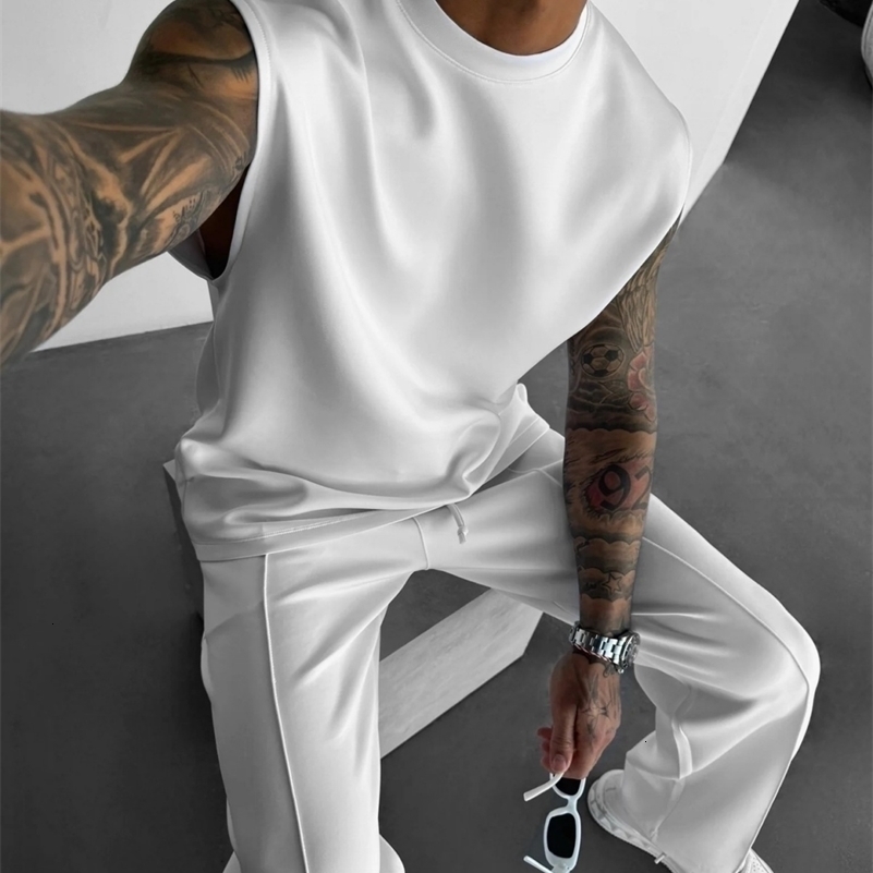 summer sleeveless sports suit 2025 mens casual solid color trousers mens clothing vest twopiece set 250903