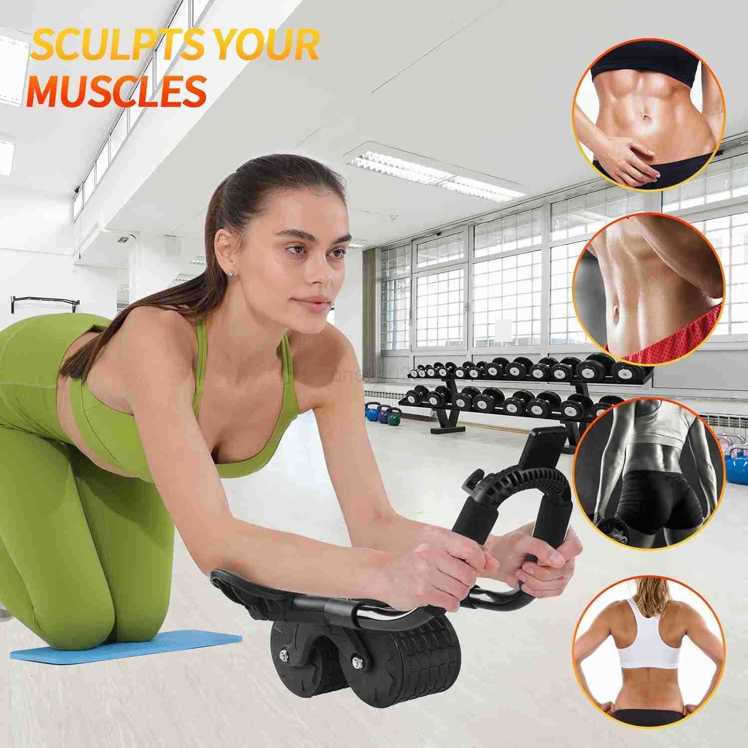 Ab Roller Wheel with Timer Knee Mat Home Workout Auto Rebound Abdominal Wheel with Elbow Support Core Workout Equipment for Strengthening Abs Home Gym