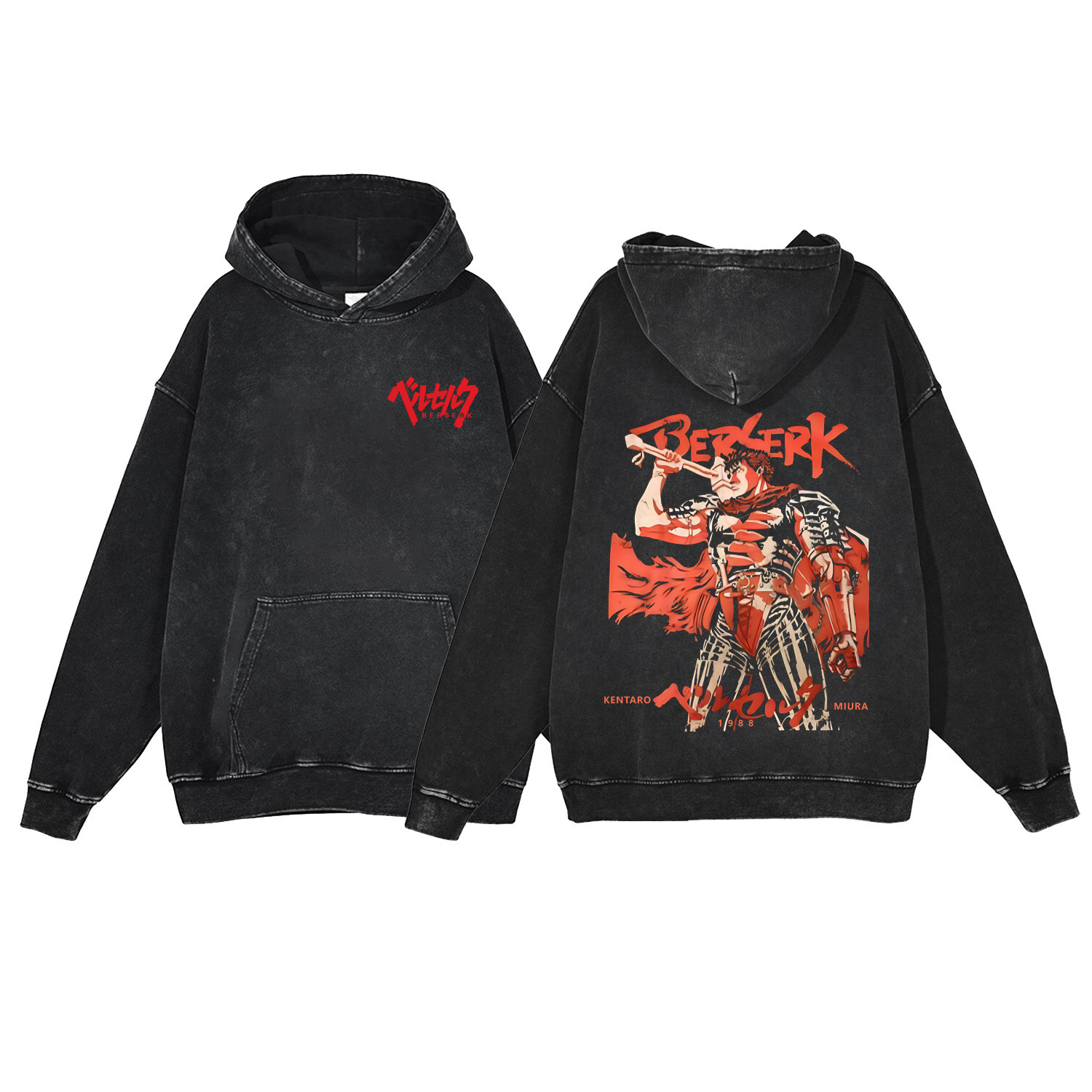 440g Heavyweight Washed Vintage Berserk Anime Street Retro Cotton Hoodie Streetwear Hooded Sweatshirt - TT8304