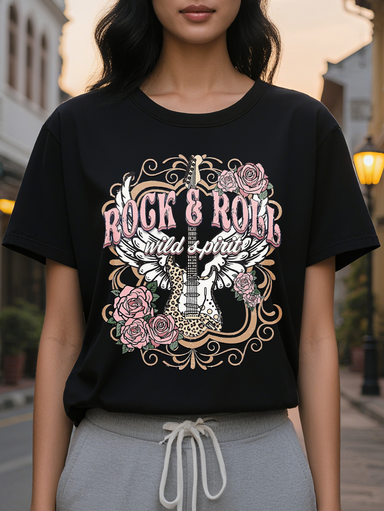 Large XL Rock Roll Print T-Shirt Casual Crew Neck Short Sleeve Top for Spring Summer Women's Clothing Plus Size