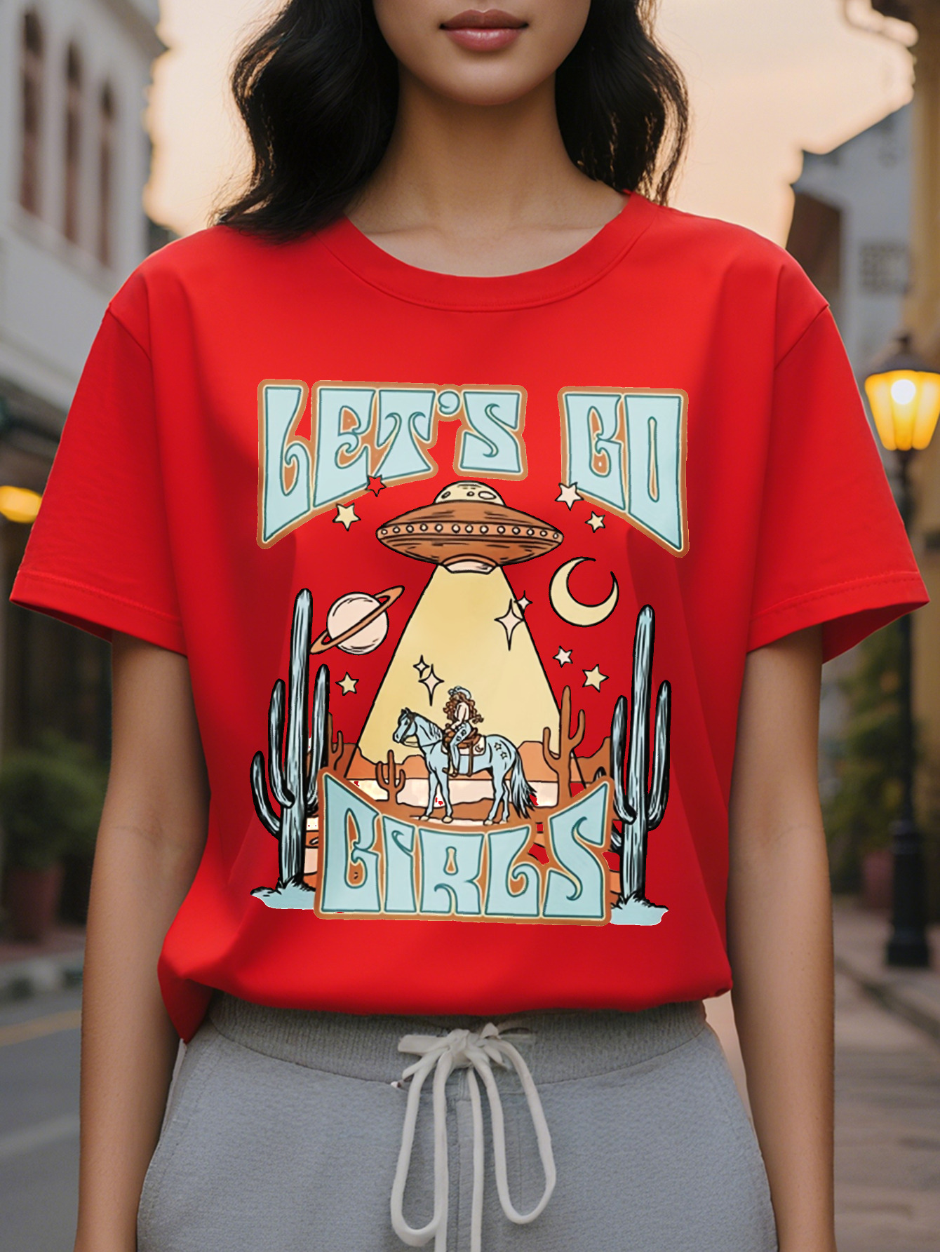 Large XL All Season Cowgirl UFO Casual Tee Chic Stretchy Easy Care Women's Top Plus Size