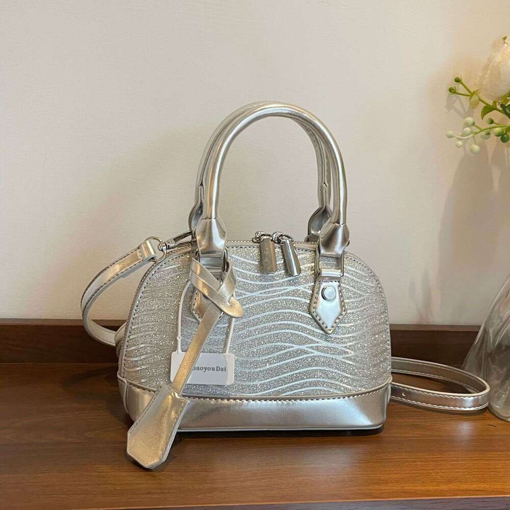 DHEssentials 2025 Women's Shelled PU Bag, Silver Tones, Zipper Top, Slim Design, Crossbody/Handheld, Summer Statement