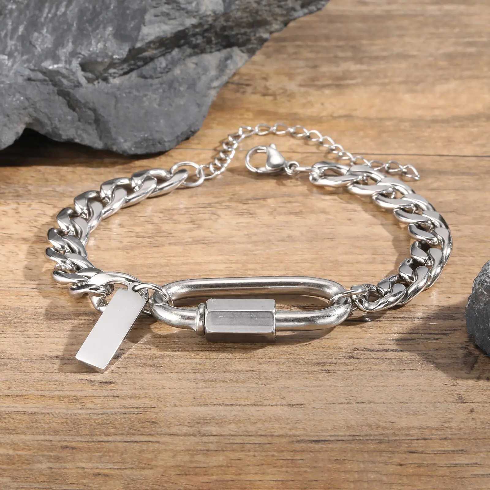 Vnox Mens Chunky Cuban Chain Bracelets with Oval Climbing Carabiner Charm Adjustable Waterproof Stainless Steel Wristband W250904