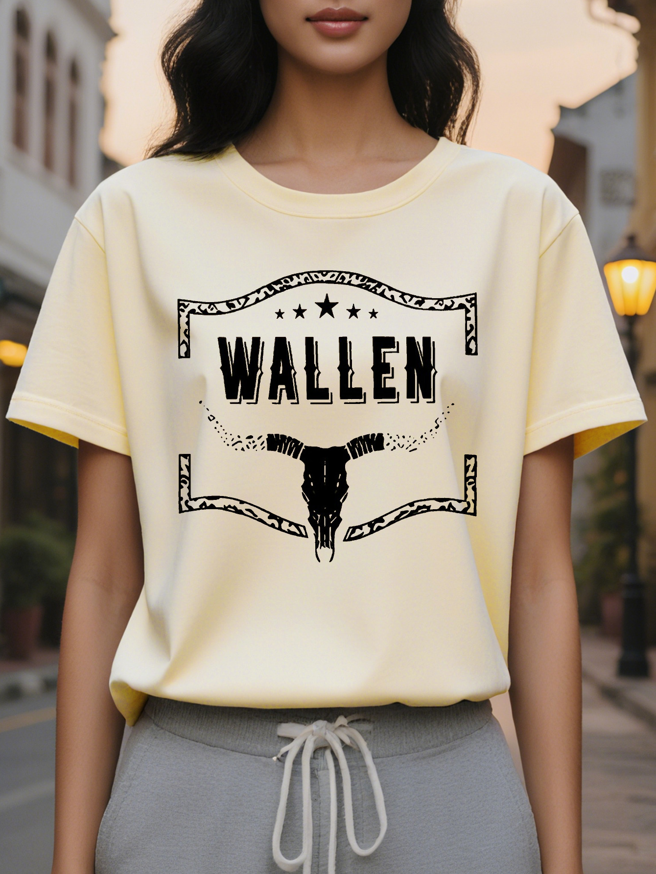 WALLEN American Print Pattern Fashion Round Neck Short Sleeve T-shirt Spring and Summer New Slim Fit Slimming Women's