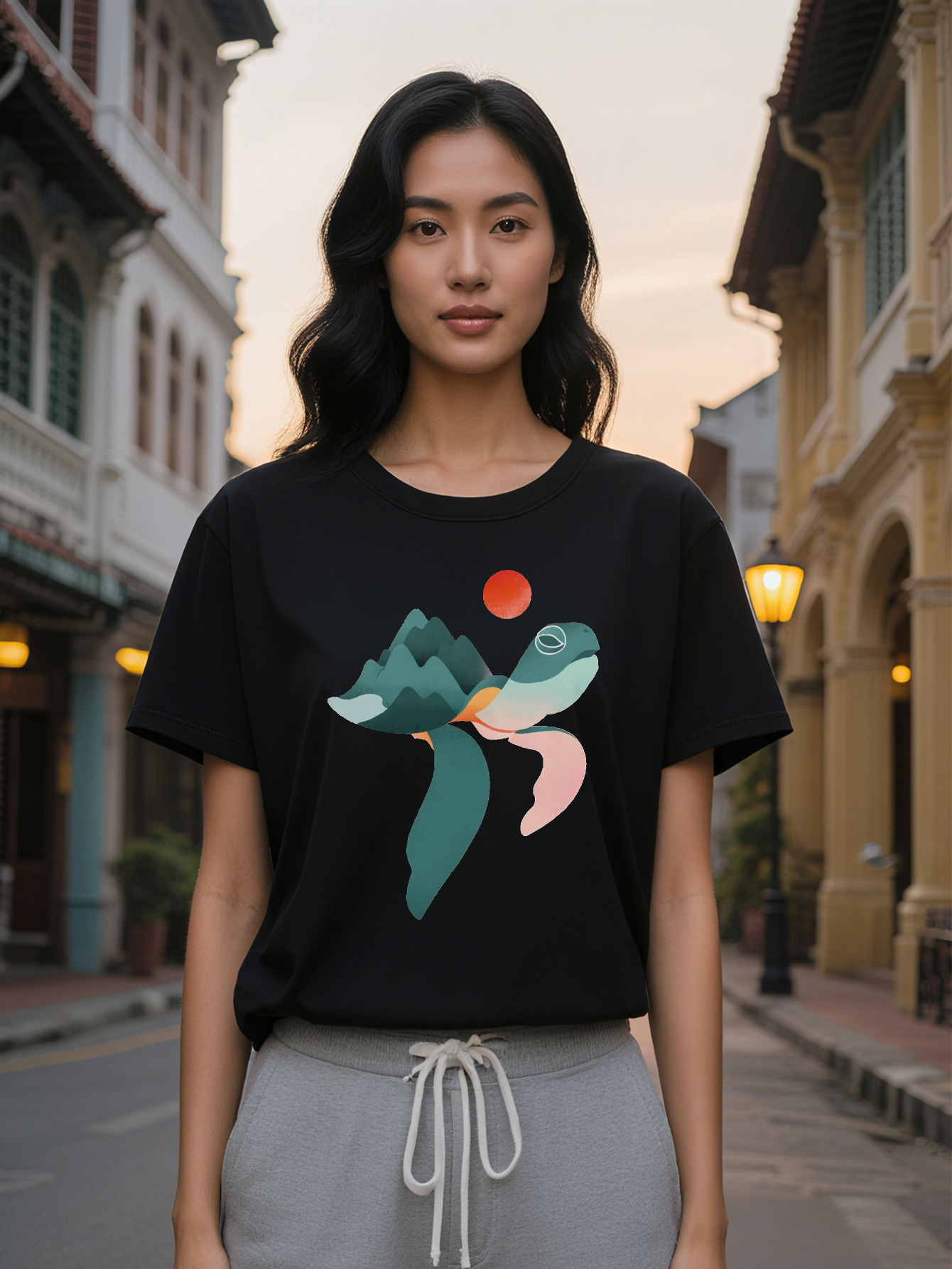 Large XL Women's Casual Graphic Tee Black Round Neck T-Shirt with Stylish Mountain Whale Design Perfect Gift for Women Summer Plus Size